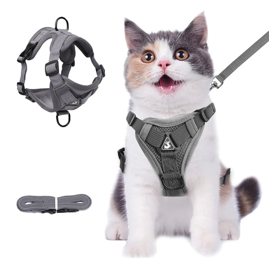Adjustable Cat and Puppy Harness and Leash Set, Escape-Proof Soft Vest with Reflective Strips, Gray, Medium