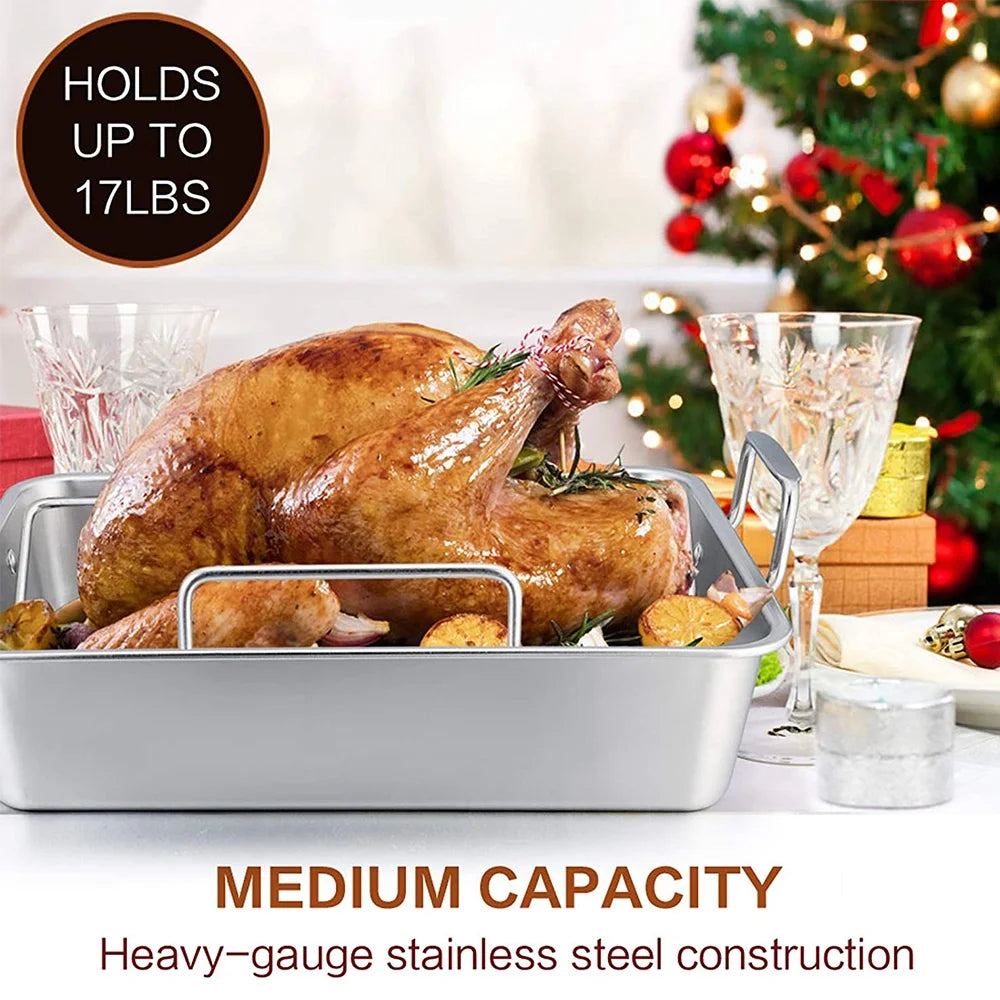 Roasting Pan,  14 Inch Stainless Steel Turkey Roaster with Rack, Include Deep Lasagna Pan & V-Shaped Rack & Roasting Rack, Non-Toxic & Heavy Duty, Dishwasher Safe