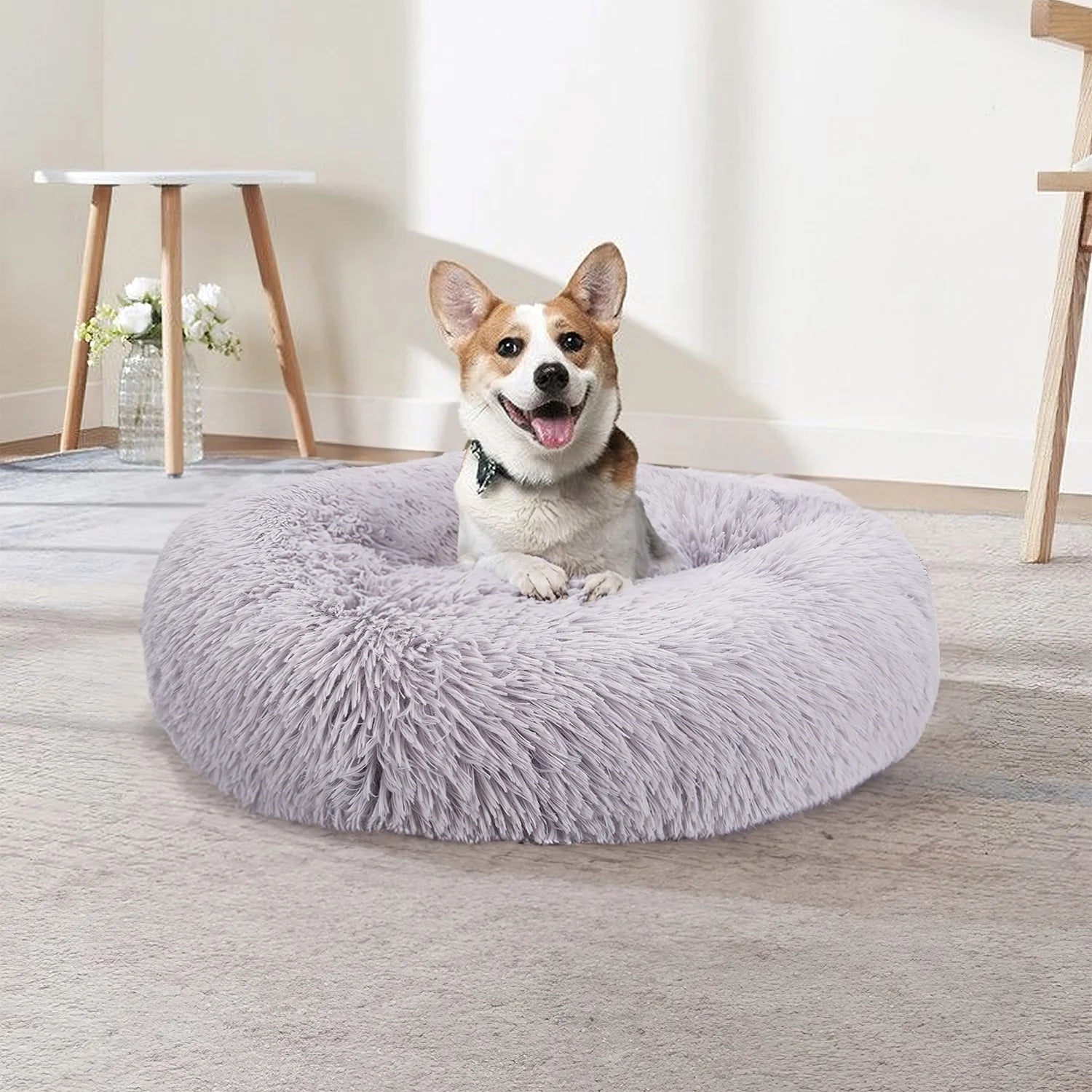 Calming Donut Dog Bed - 20" x 20" x 8", Plush Anti-Anxiety Round Pet Bed for Small Dogs and Medium/Large Cats, Washable with Anti-Slip Bottom, Light Gray