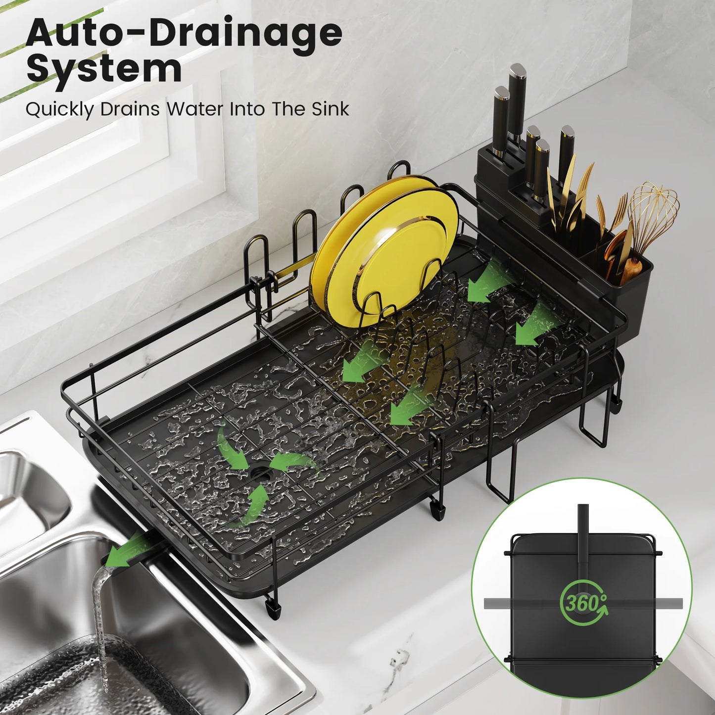 Retractable Dish Drying Rack for Kitchen Countertop, Compact Dish Rack with Drainboard Tray, Cutting Board/Utensil Holder,Black