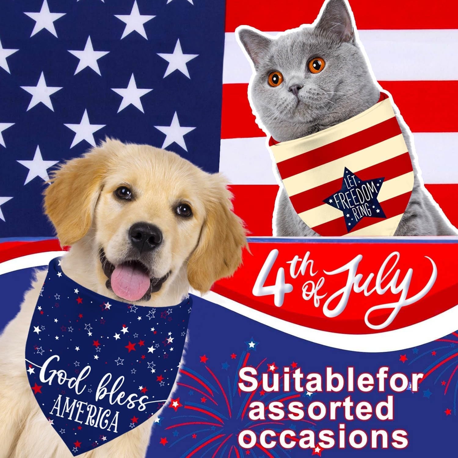 4Th of July Dog Bandanas, Patriotic Party Pet Decorations 2 Pack, Adjustable Ind