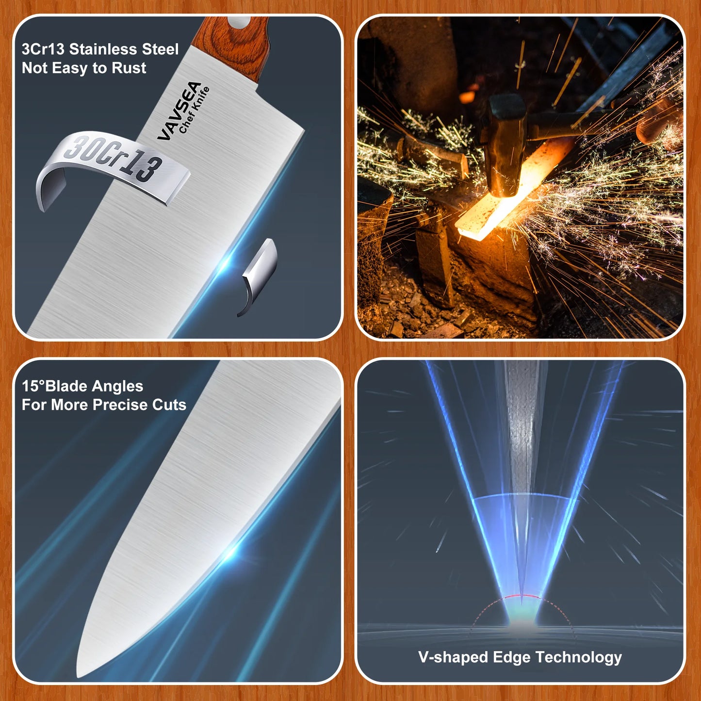 Knife Block Set, 16 Pieces Kitchen Knife Set with Block Walnut, Stainless Steel Knife Set for Gift, Home