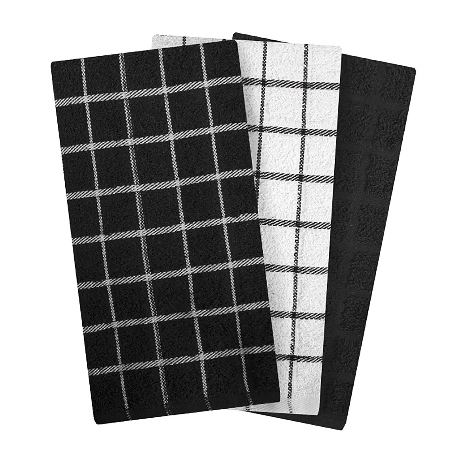 Terry Check Kitchen Towel Set, 3-Pack, 15" X 25", Black