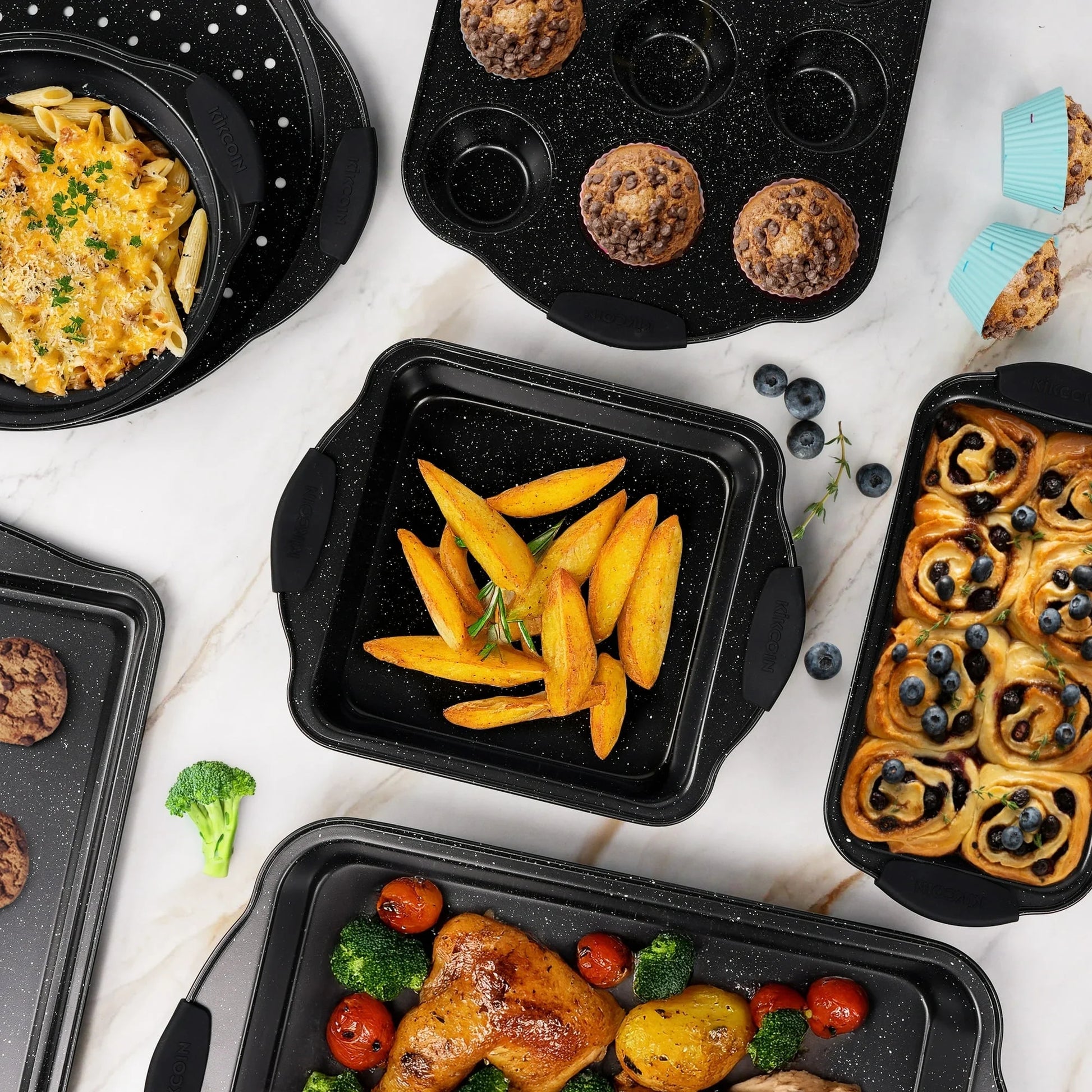 Nonstick Bakeware Set, 21-Piece Durable Carbon Steel Baking Pans with Silicone Handles, Cookie Sheets (Black)