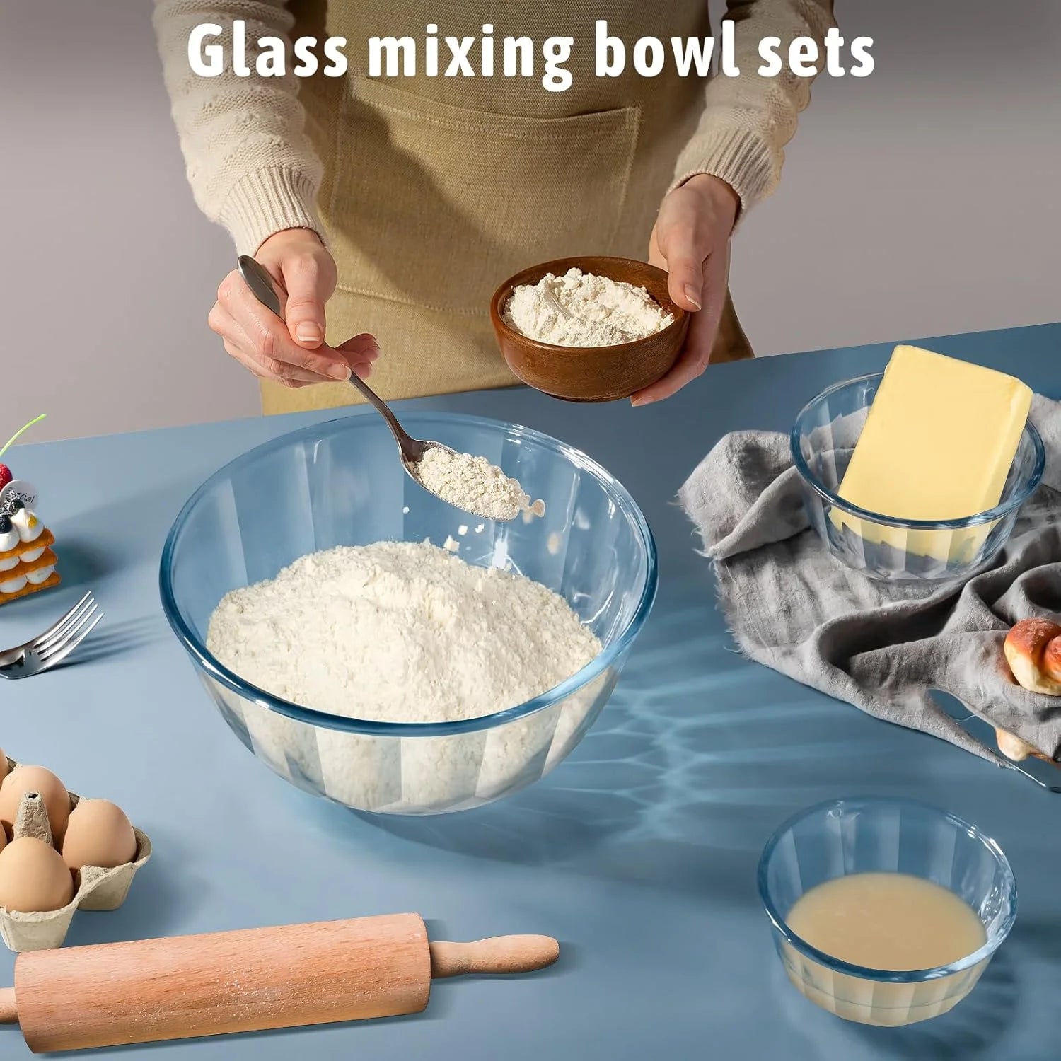 Glass Mixing Bowl Set with Lids, 5-Piece Thick Glass Nesting Bowls for Kitchen Baking, Meal Prep, BPA Free, Dishwasher Safe