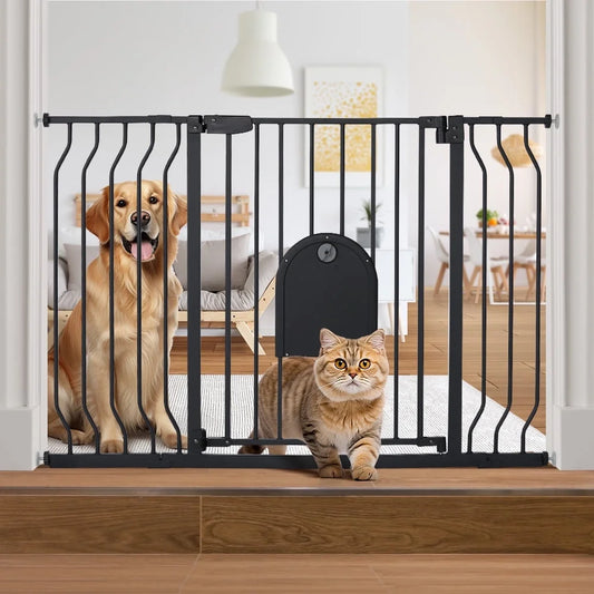 Adjustable Pet Safety Gate with Integrated Cat Door, Pressure-Mounted, Black, 29.5-48.4 Inches Wide