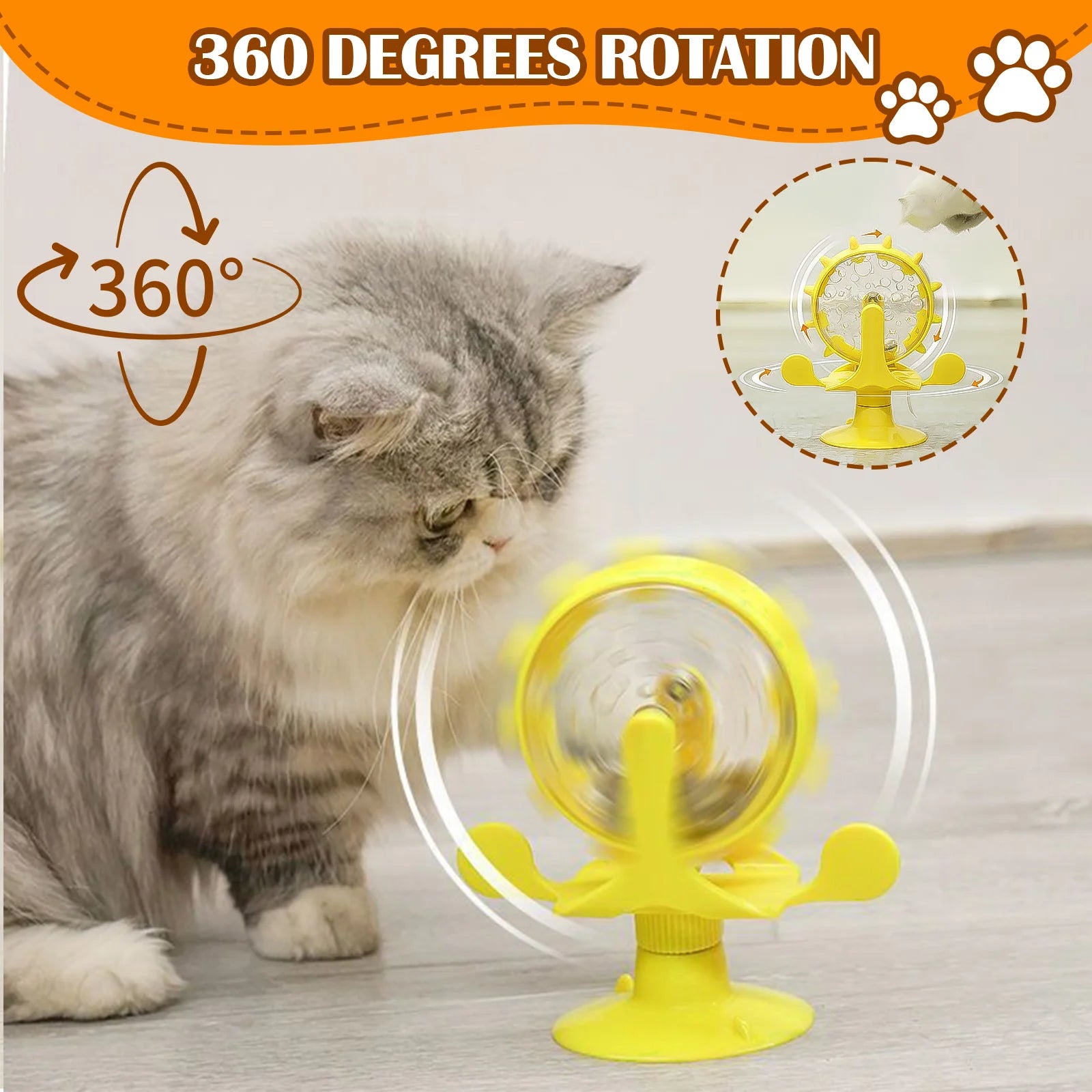 Interactive Cat Food Treats Dispenser Toy for Indoor Cats, 360° Rotating Windmill Suction Cup Toys for Small Pet, Puzzle Original Slow Dog Feeder Snack Distribution & Exercise Wheel Toy