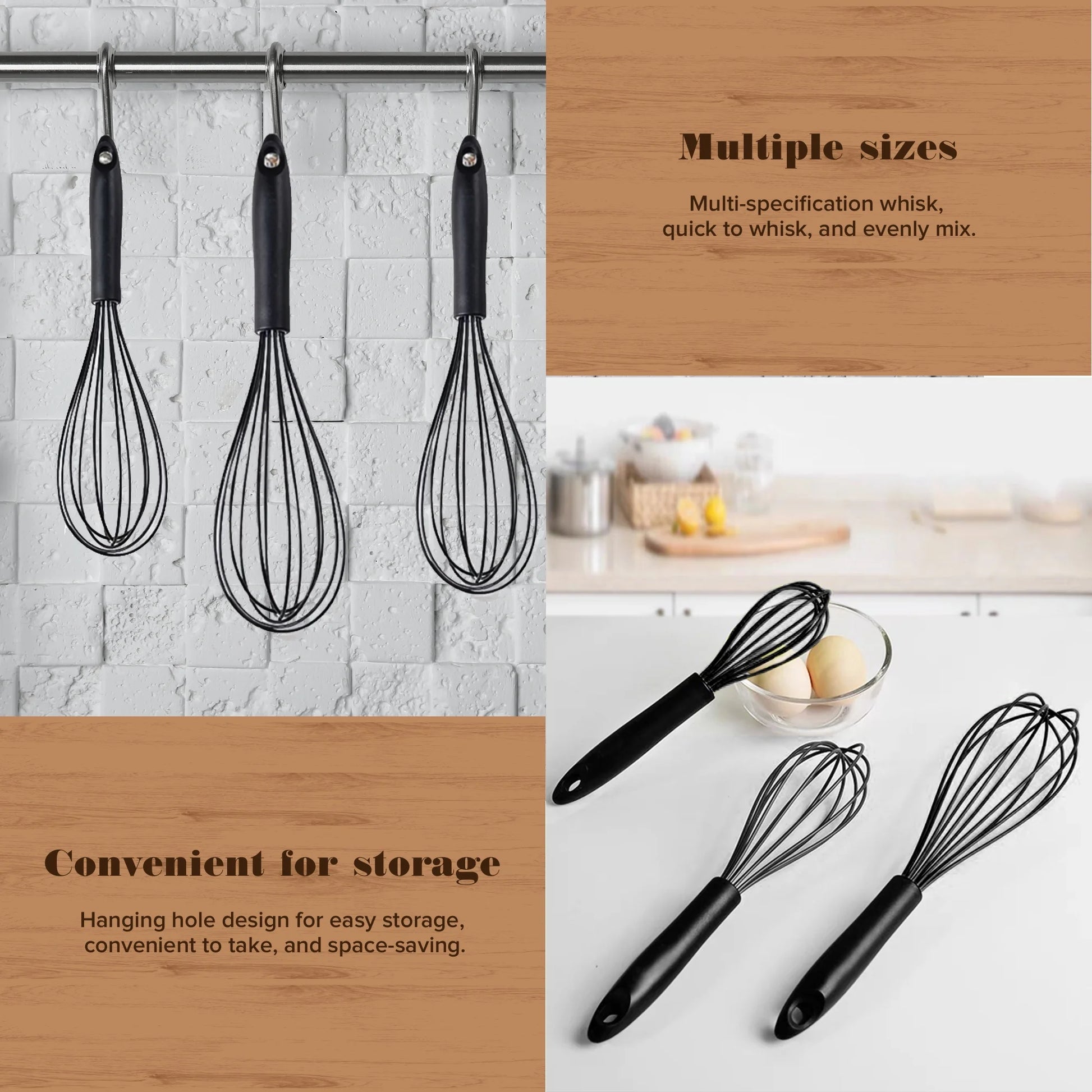 Silicone Wire Whisk, Egg Beater, 3 Sizes, for Blending, Whisking, Beating, Frothing, Stirring