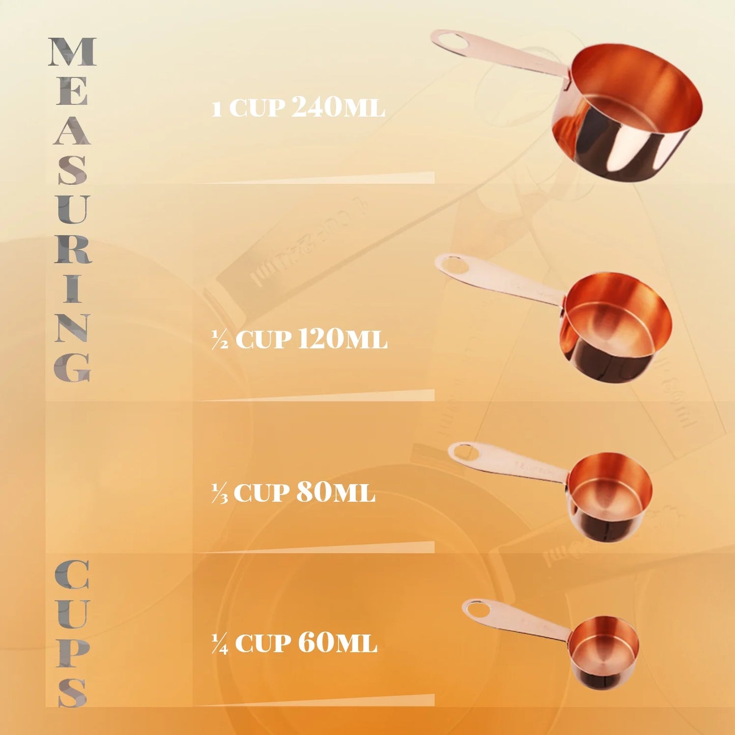 Copper Measuring Cups and Spoons Stainless Steel 9 Pieces with 2 Rings