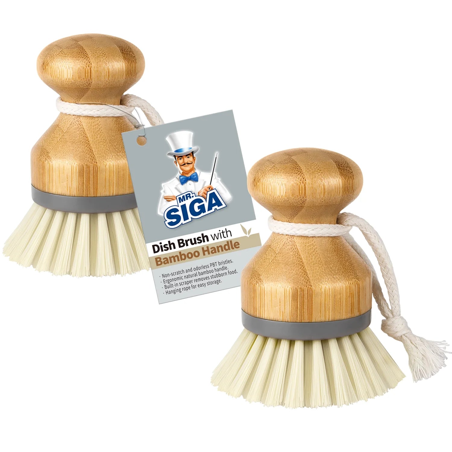 Bamboo Palm Brush, Scrub Brush for Dishes Pots Pans Kitchen Sink Cleaning, Pack of 2