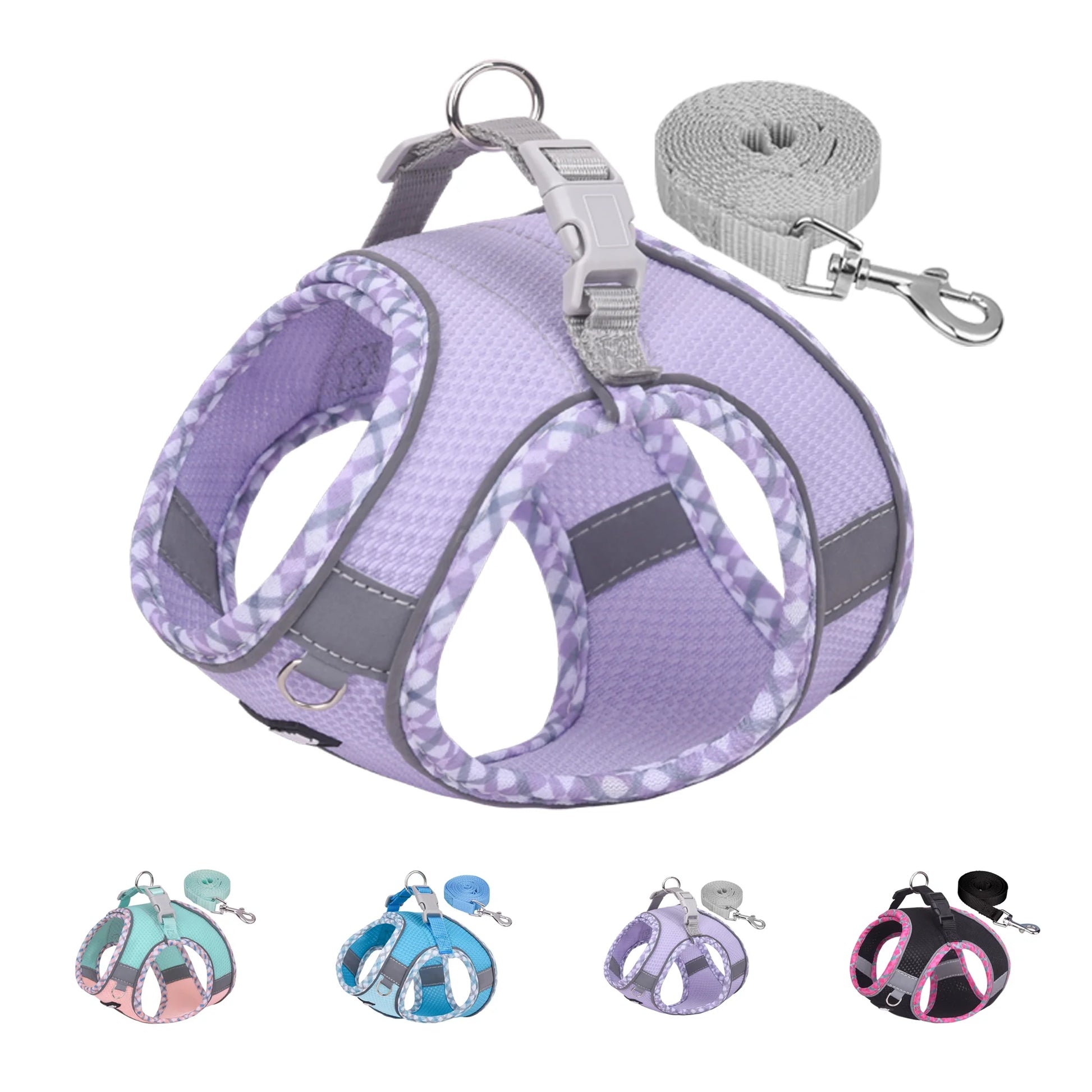 Extra Small Dog and Cat Harness with Leash, No-Pull Design, Quick-Release Buckle, Reflective Outdoor Vest in Purple, XXS