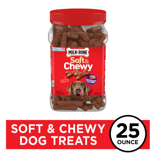 Milk Bone Soft and Chewy Dog Treats, Beef and Filet Mignon Recipe with Chuck Roast, 25 oz Container