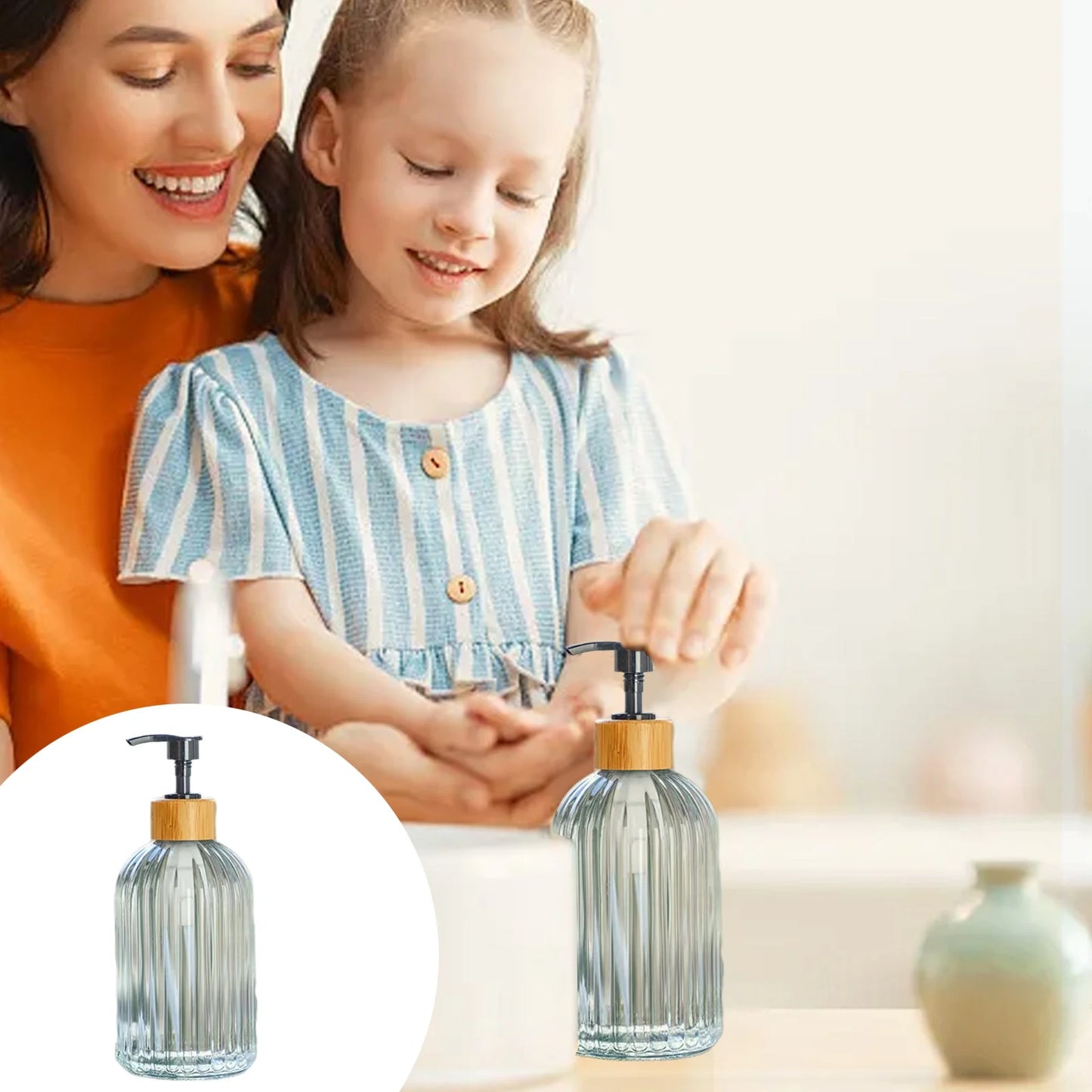 Vertical Glass Soap Dispenser Set, for Bathroom and Kitchen Use, Hand Soap and Dishwashing Liquid, 14 Ounce Capacity.