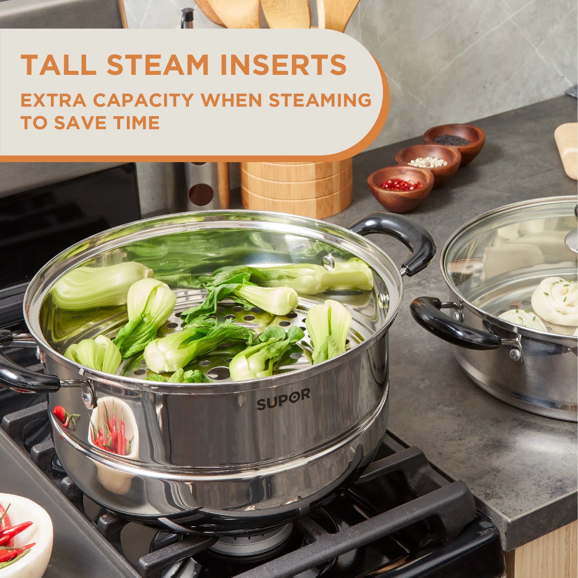 2-Tier Stainless Steel Steamer Pot with Glass Lid, 7.6QT Large, for Dumplings, Seafood, Vegetables & More