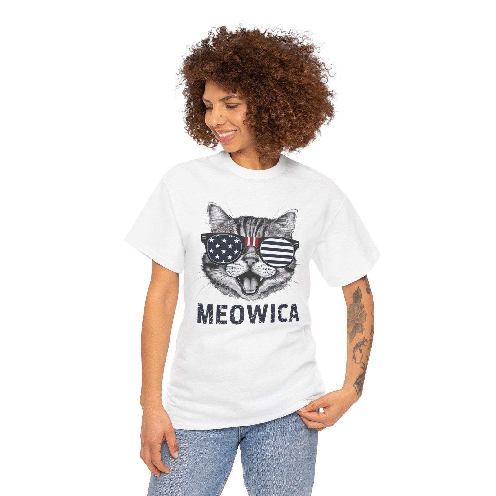 4Th of July Meowica American Flag USA T-Shirt - Novelty Cat Graphic Tee
