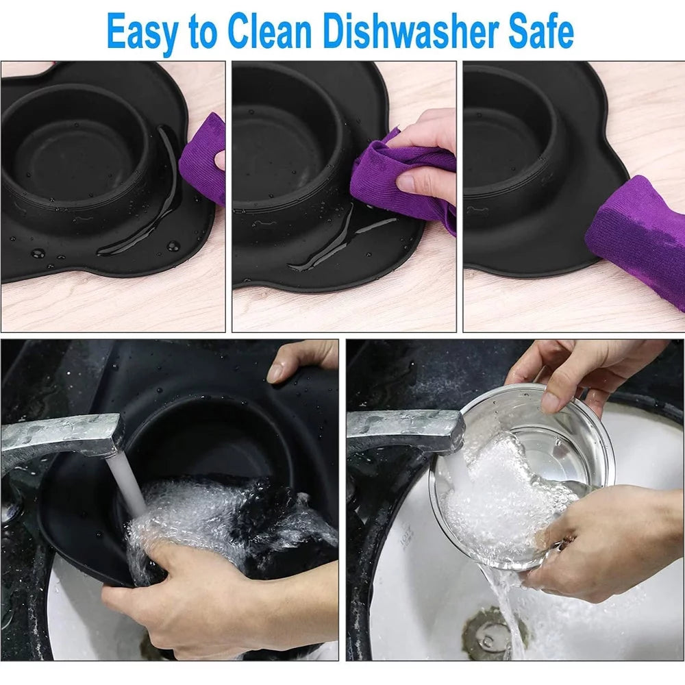 Dog Bowls, Double Dog and Cat Bowls with Anti-Overflow and Anti-Skid Food Mat, Small Dog and Cat Feeding Water and Bowls, 14.00 X 8.20 X 1.10 Inches