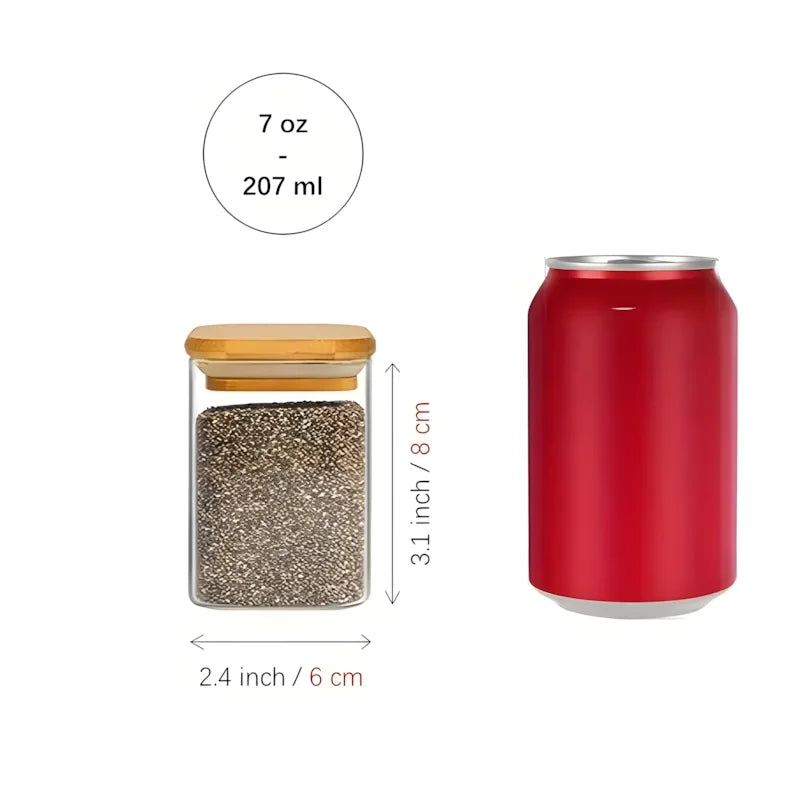 12 Square Glass Spice Jars with Natural Bamboo Lids - Sealed Herb Containers with Pre-Printed Waterproof Minimalist Spice Labels - Suitable for Empty Small Seasoning Jars in Kitchen Food Pantries.