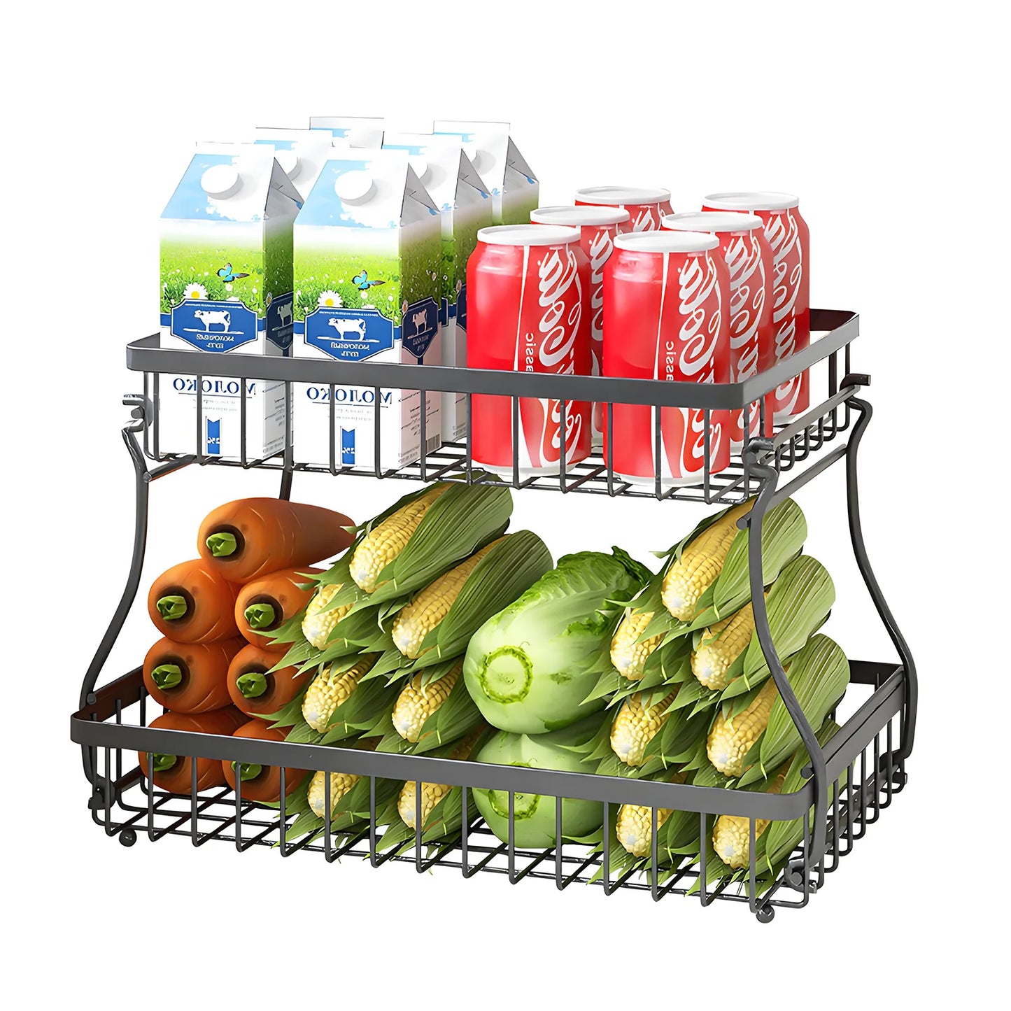 2-Tier Countertop Fruit Basket - Black Metal Organizer W/4 Banana Hooks & Knife Holder, 10X3X16In for Kitchen/Dining Room