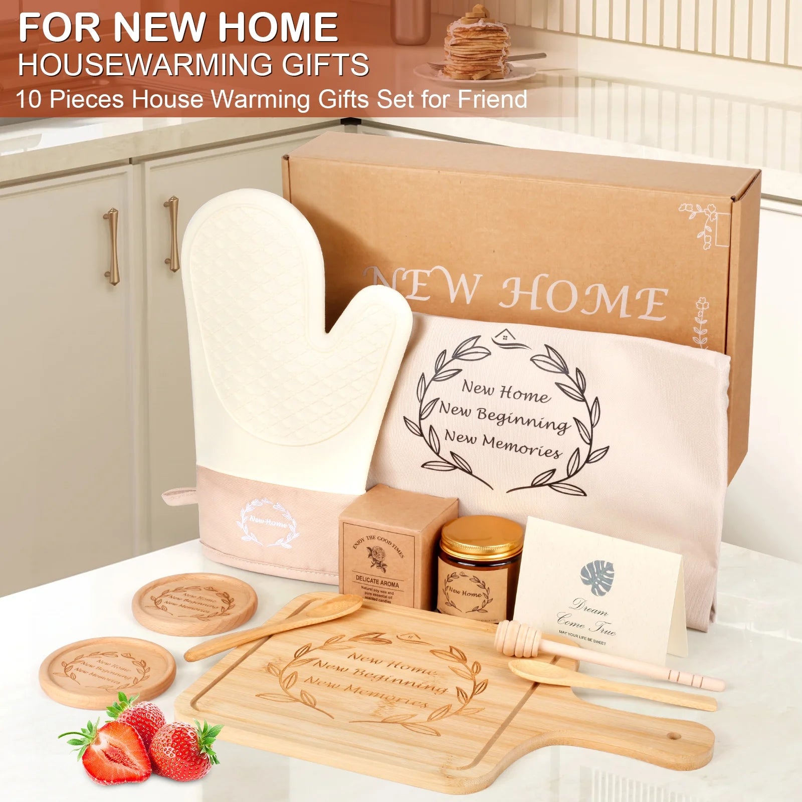 11 Pcs Housewarming Gifts Basket with Apron, Gloves, Serving Board, Beige