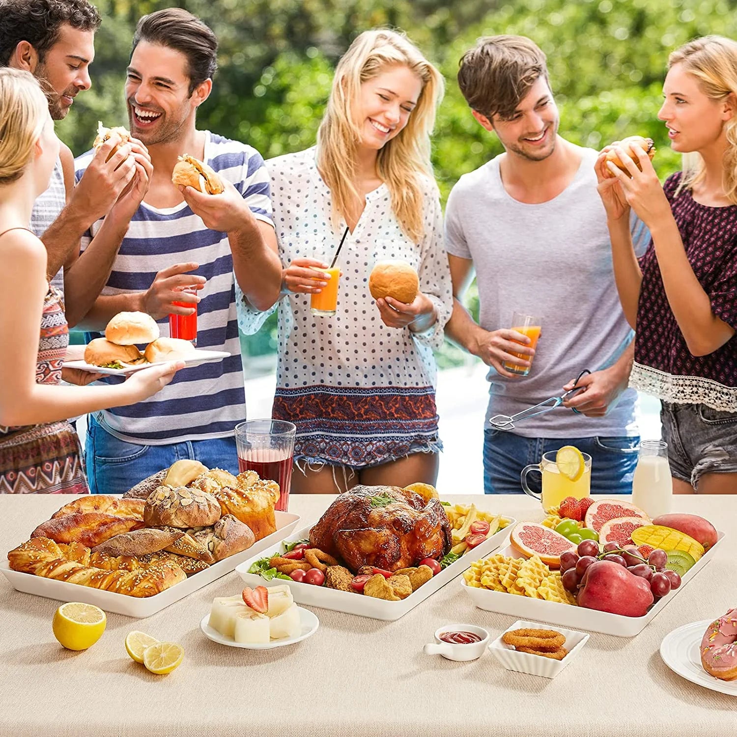 Plastic Serving Tray for Party, 3 Pcs White Serving Platter, Large Food Tray for Snack, Fruit, Barbaque, Cookies