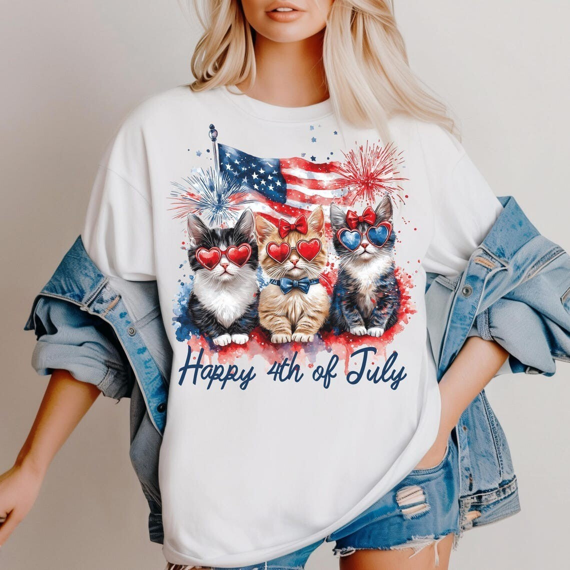 Happy USA 4Th of July Independence Day Cute Cats Funny Red White & Blue T Shirt