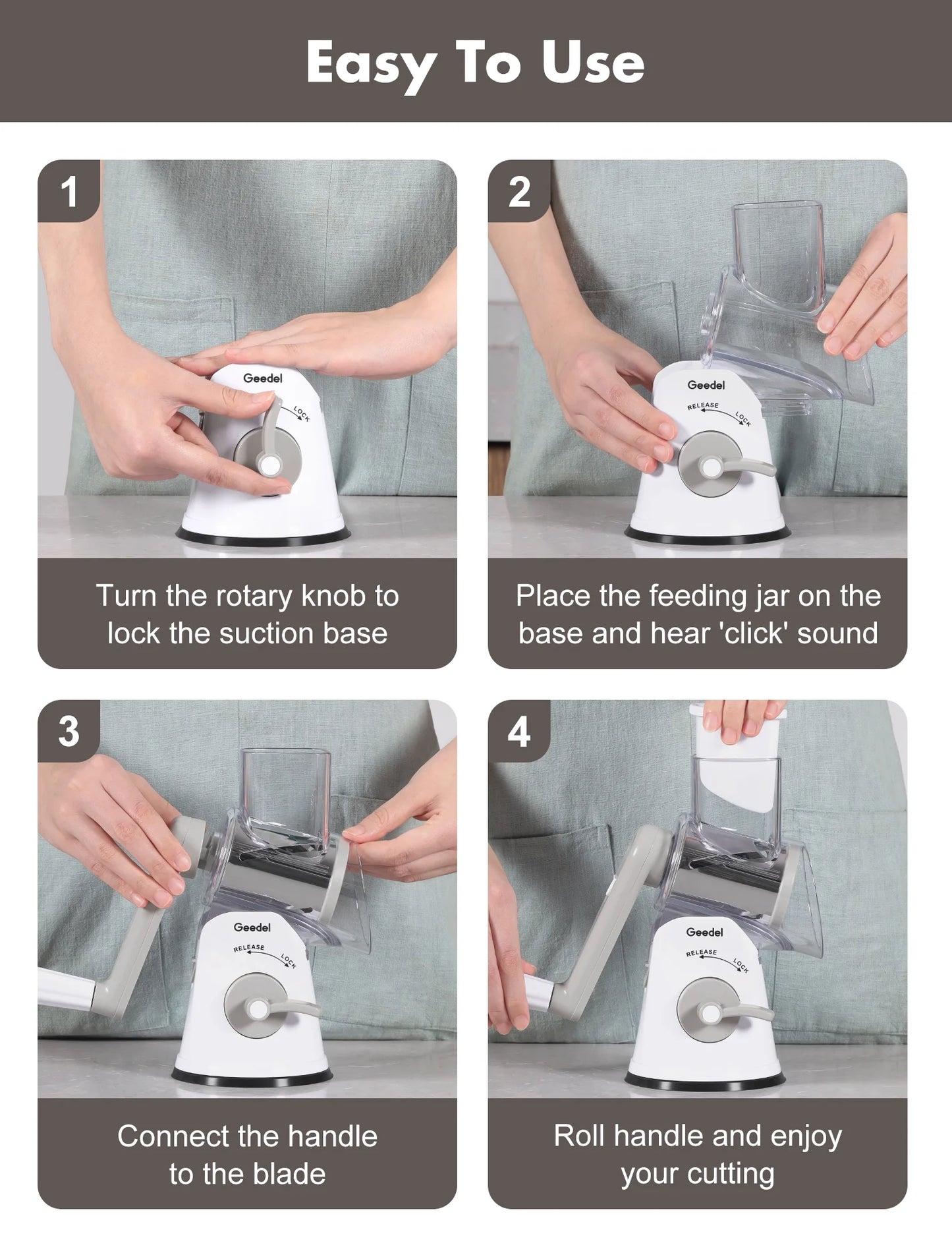 Rotary Cheese Grater, Kitchen Grater Vegetable Slicer with 5 Interchangeable Blades, Powerful Suction, Dishwasher Safe, Easy to Clean Grater for Vegetable, Fruit, Nuts, Gray