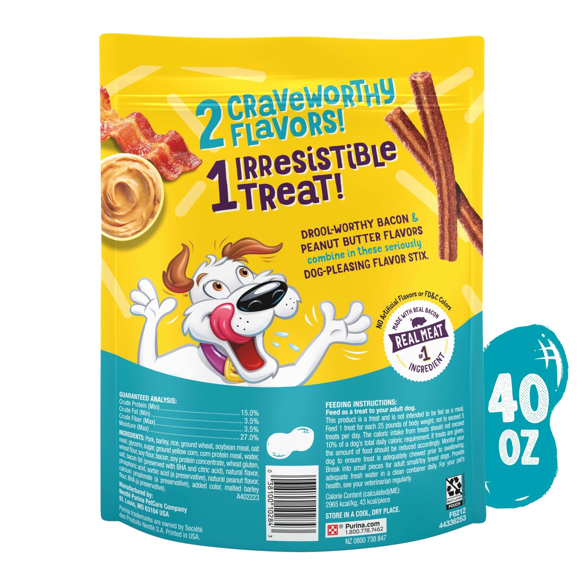 Purina  Flavor Stix Dog Treats with Real Bacon and Peanut Butter, 40 oz Pouch