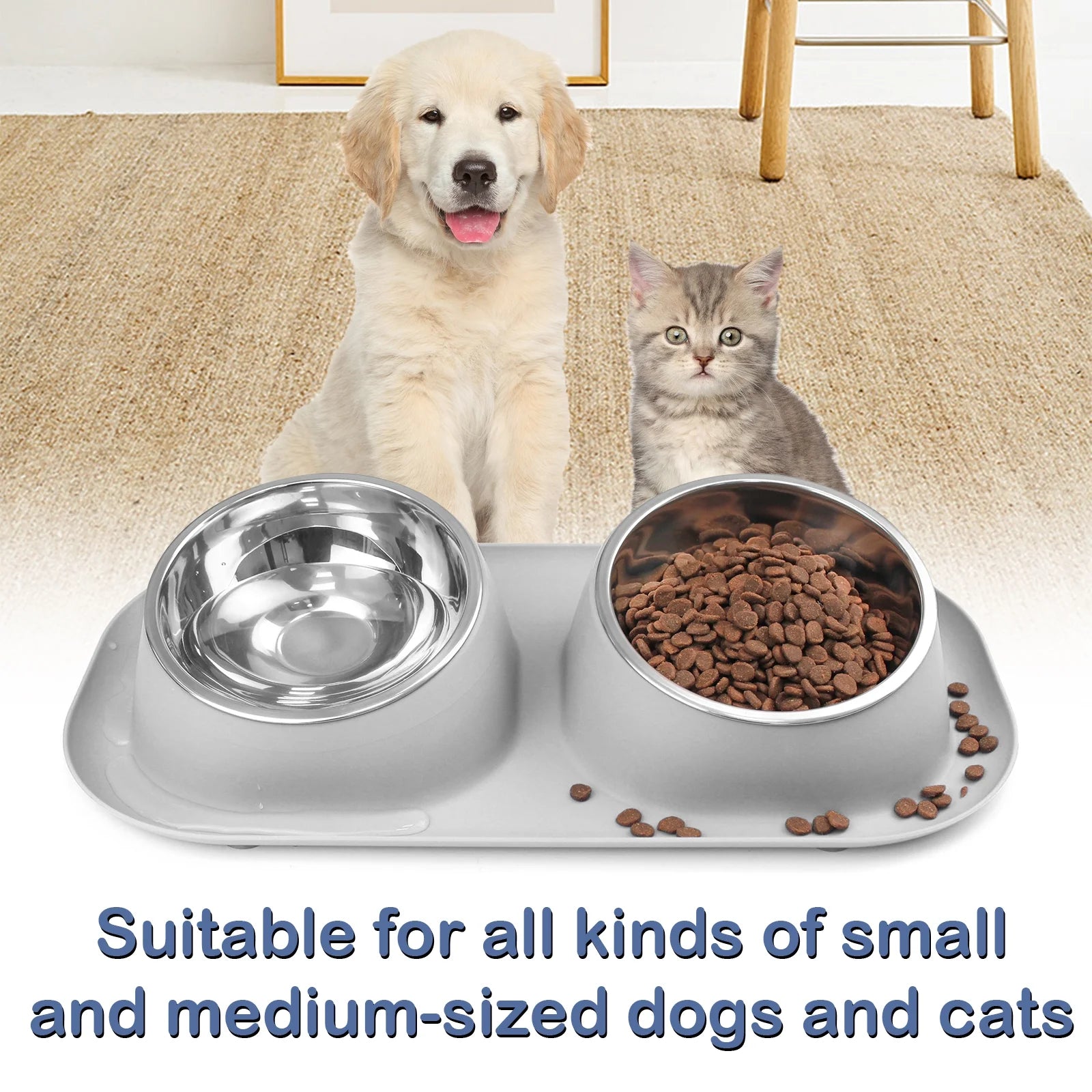 Elevated Stainless Steel Pet Food Bowl with Stands, Raised Dog Cat Feeding Bowls Set Suitable for Cats and Small Dogs, Gray