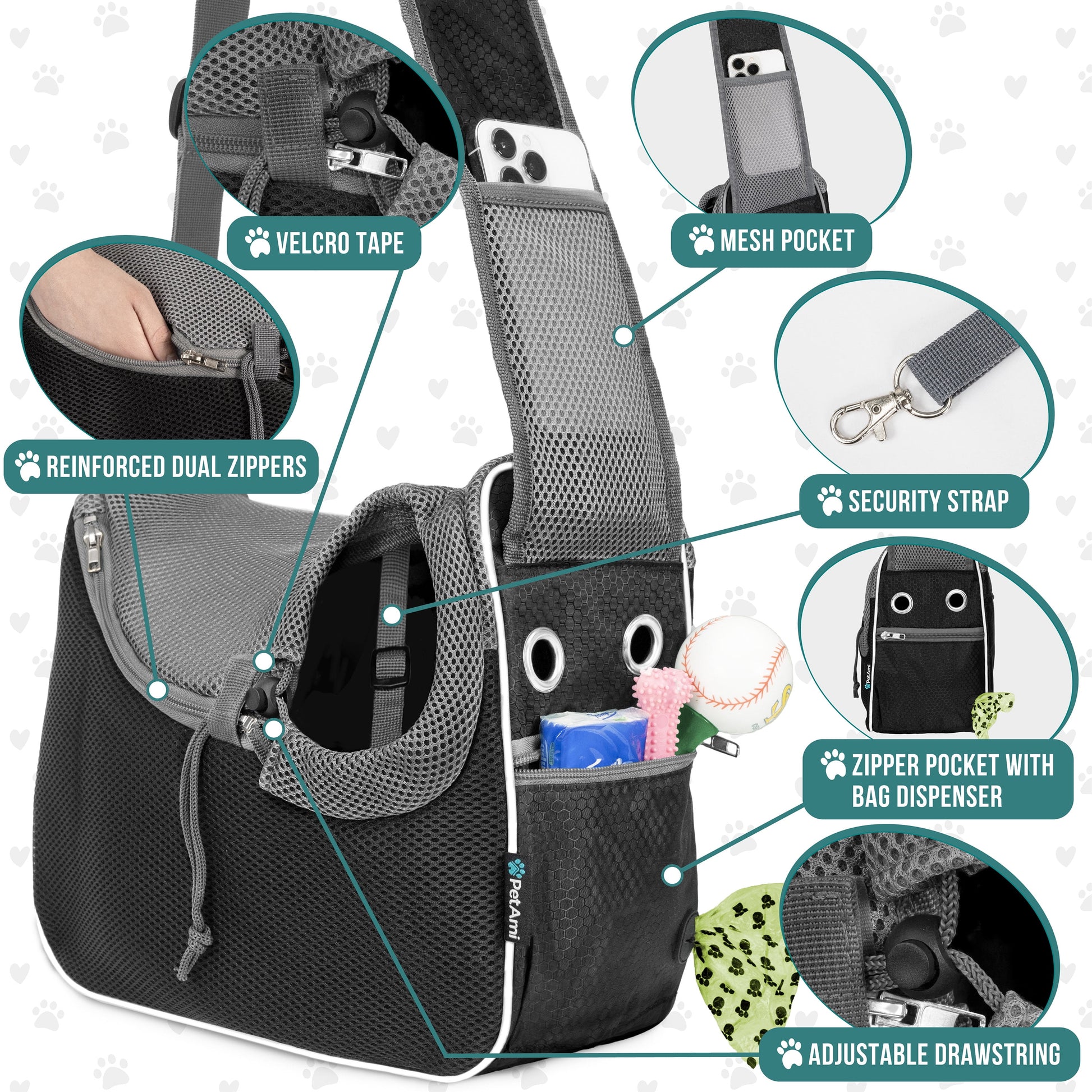 Small Dog Sling Carrier - Soft-Sided Crossbody Pet Pouch for Medium Dogs and Cats, Adjustable Travel Bag with Poop Bag Dispenser, Breathable Design, Black