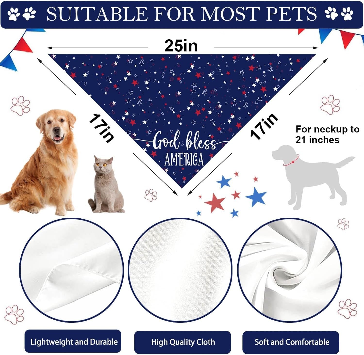4Th of July Dog Bandanas, Patriotic Party Pet Decorations 2 Pack, Adjustable Ind