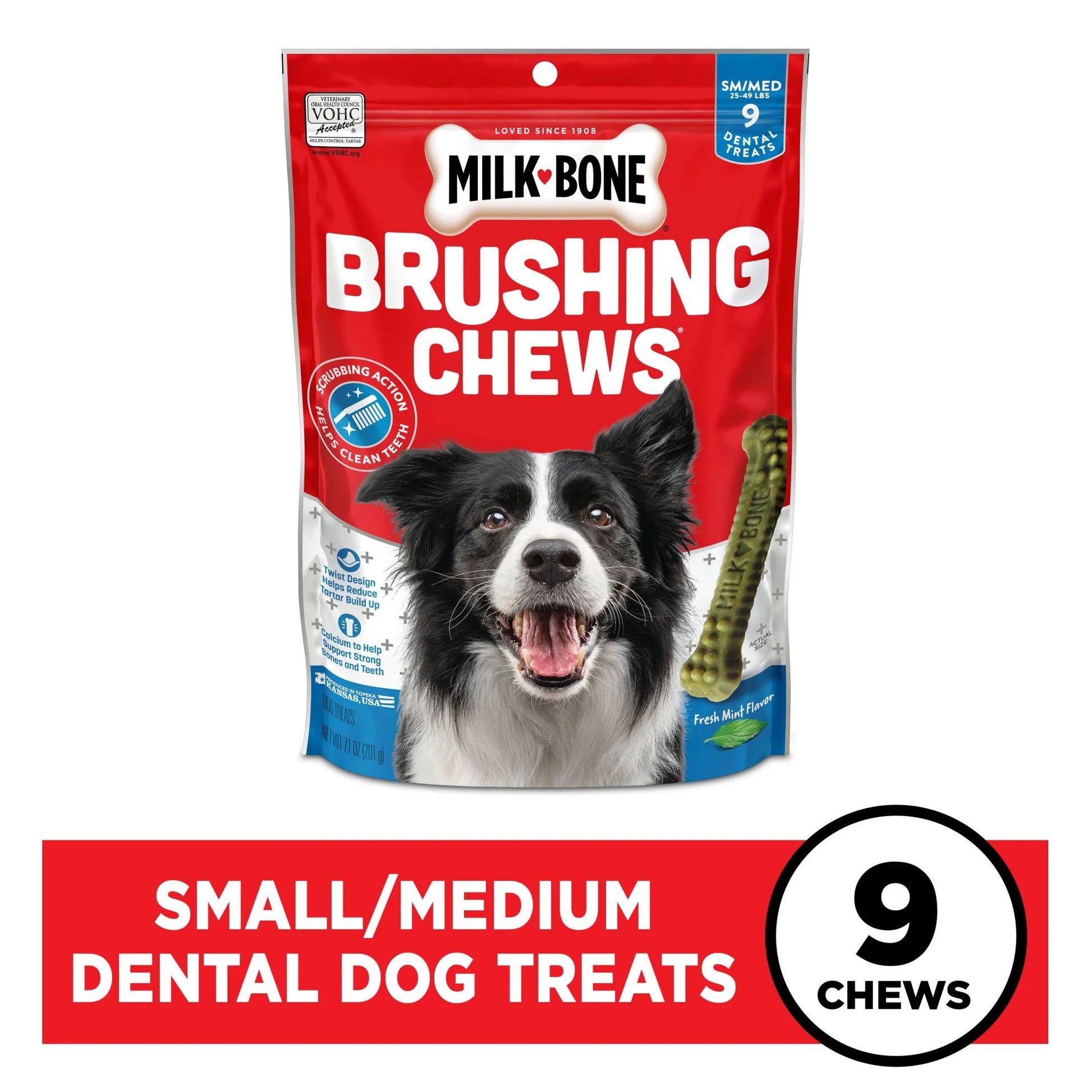 Milk Bone Brushing Chews Daily Dental Dog Treats, Fresh Breath, Small/Medium, 7.1 Oz Bag, 9 Bones per Bag