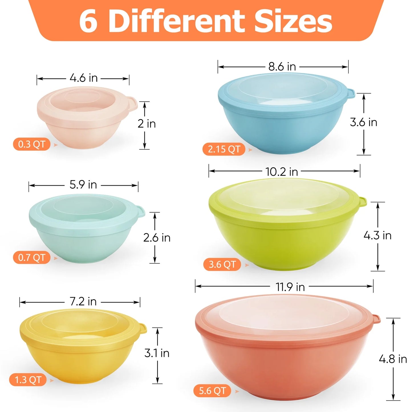 6Pcs Mixing Bowl Set with Lids, Plastic Nesting Bowls for Mixing, Storage, Kitchen Prepping, Serving Food, Microwave & Dishwasher Safe - Multi-Color