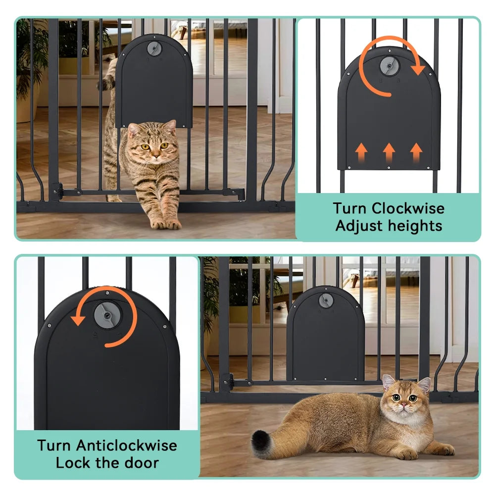 Adjustable Pet Safety Gate with Integrated Cat Door, Pressure-Mounted, Black, 29.5-48.4 Inches Wide