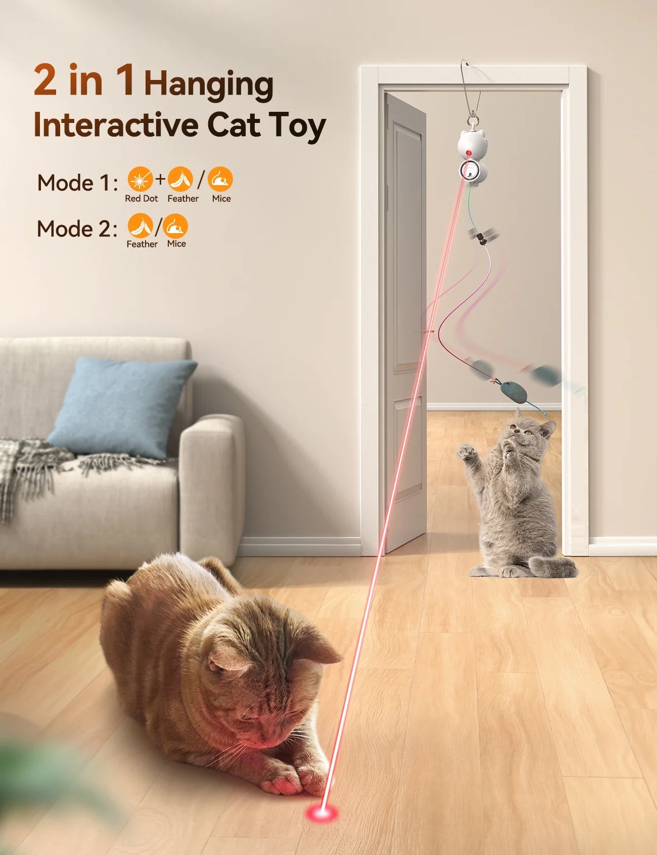 2-in-1 Automatic Laser Teaser Cat Toy for Indoor Cats, USB Rechargeable Interactive Self-Play Device, White