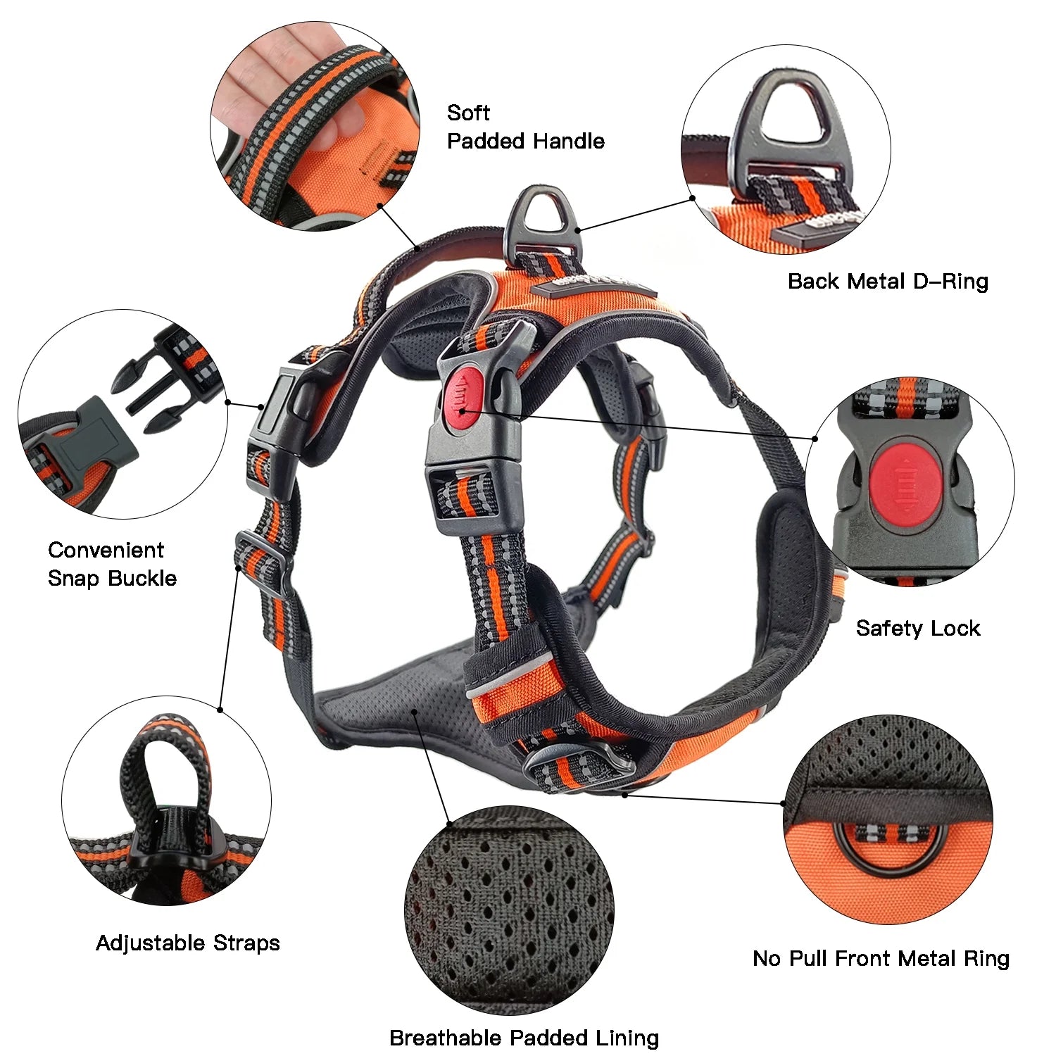 Adjustable No-Pull Dog Harness with Breathable Padded Vest and Reflective Safety Features, Easy Control Handle for Small to Large Dogs, Orange, XL