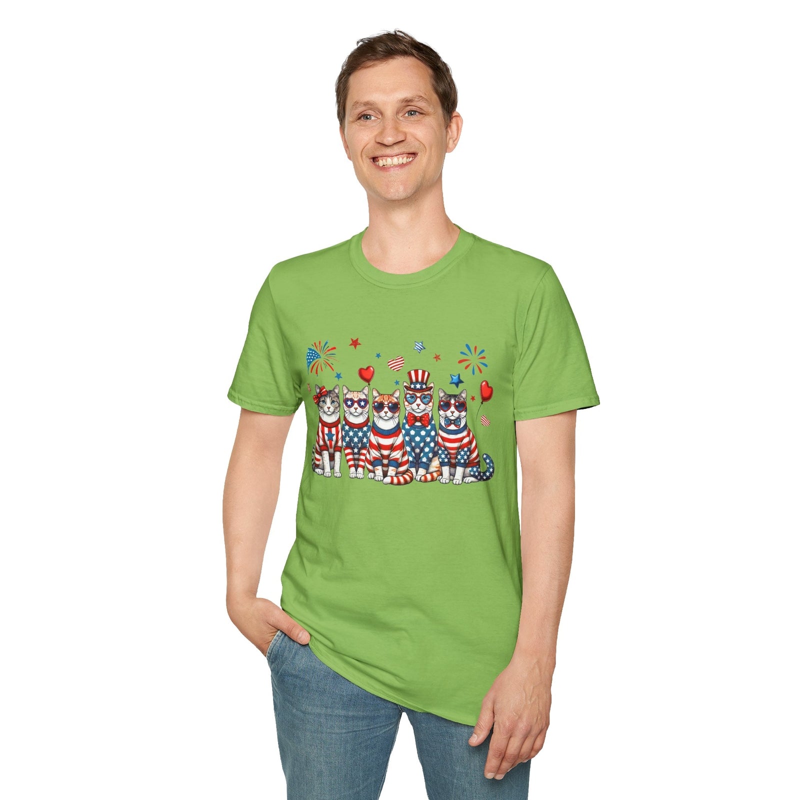 Patriotic Cat Unisex Softstyle T-Shirt for Fourth of July Celebrations