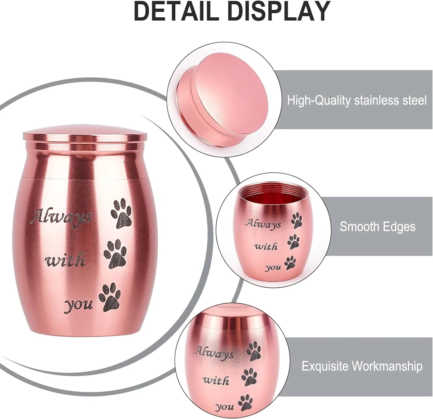 Small Pet Urns Always with You Memorial Ashes Holder Mini Paws Engraved Urns Metal Cremation Keepsake Stainless Steel Urns for Pet Dog Cat Bird Rabbit 1.18 X 1.57 Inch Pink