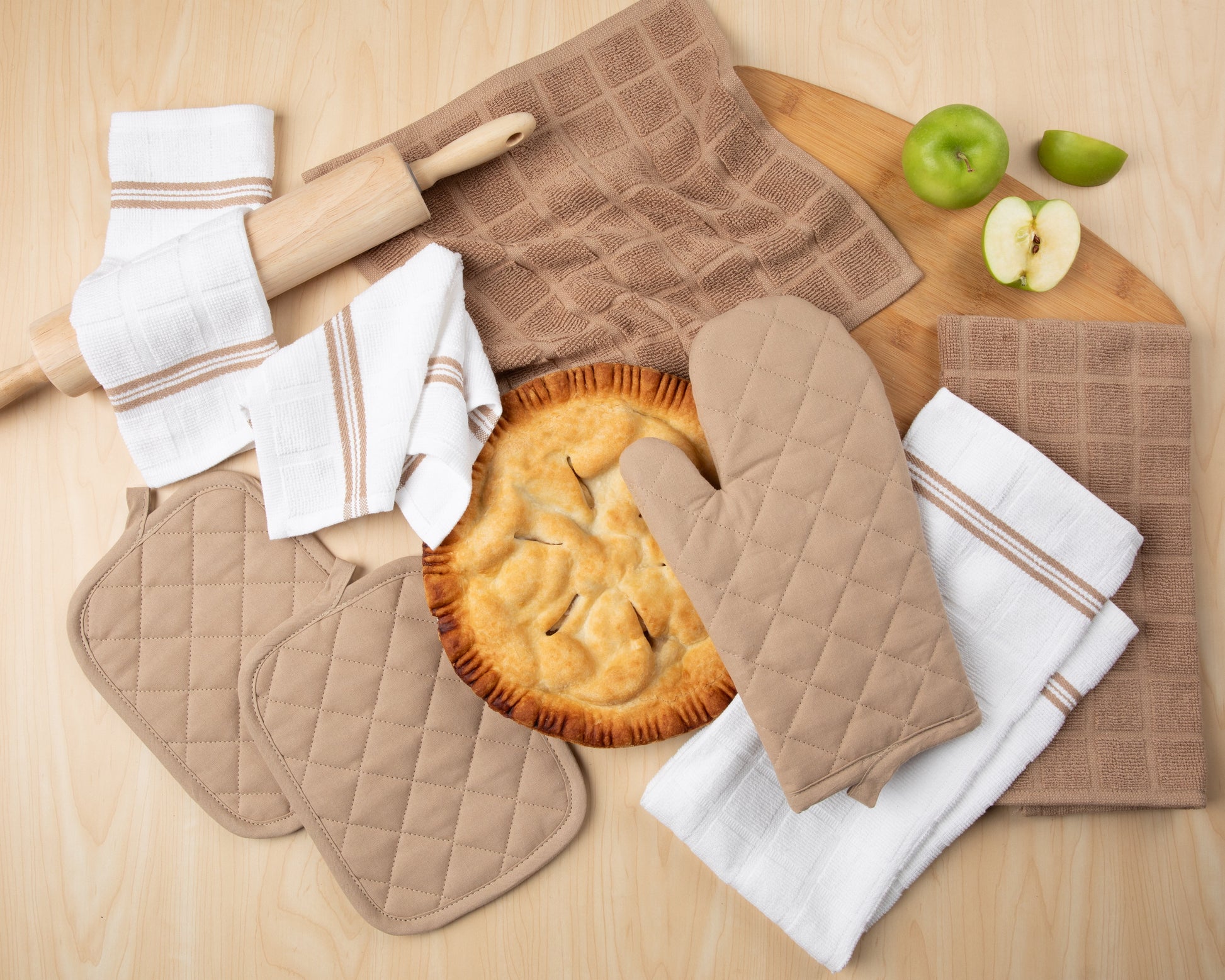 Kitchen Towel, Dishcloth, Oven Mitt, and Pot Holder 8 Pack Set, Brown, 100% Cotton