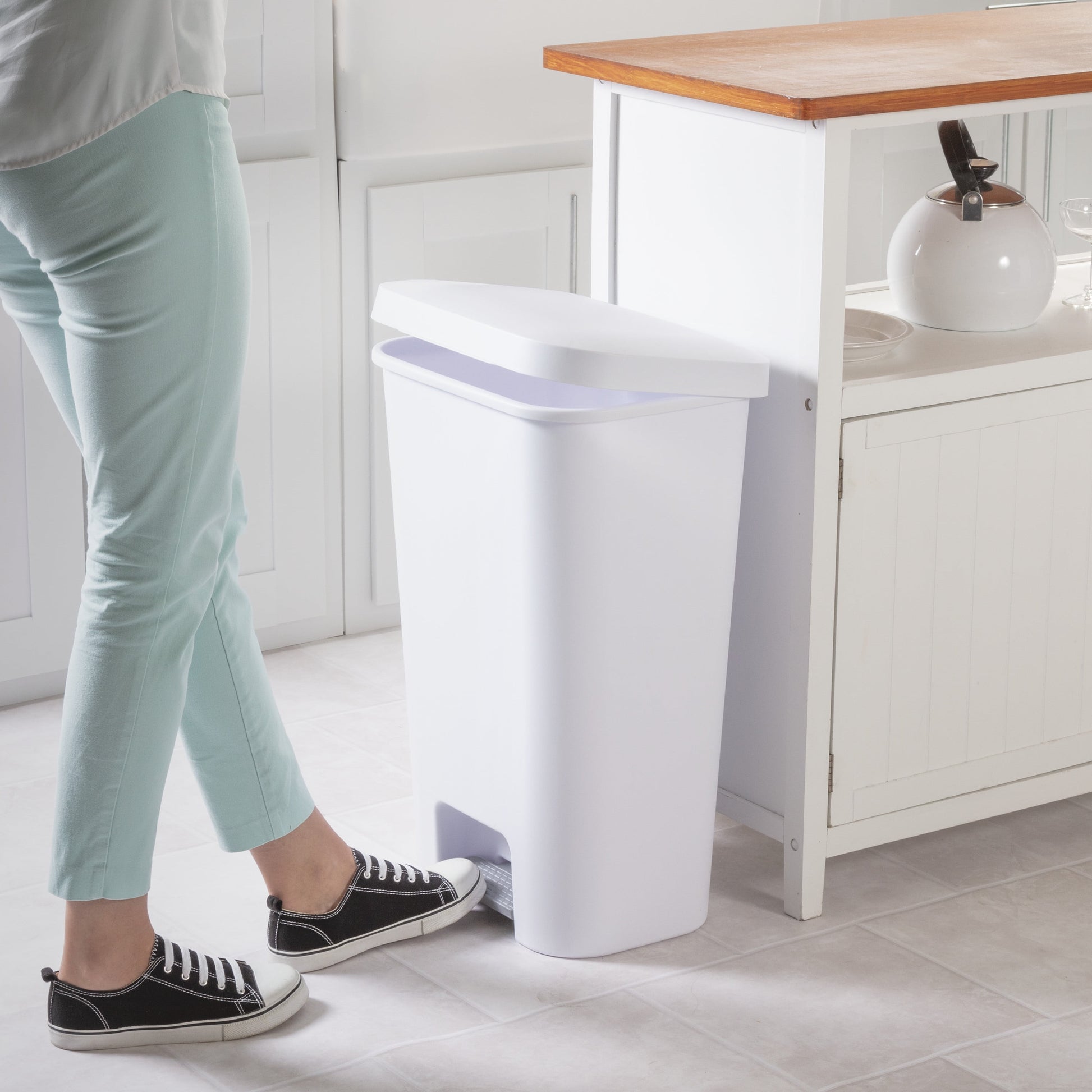 11.9 Gallon Stepon Rectangular Trash Can, Large Hands-Free Open for Kitchen, White