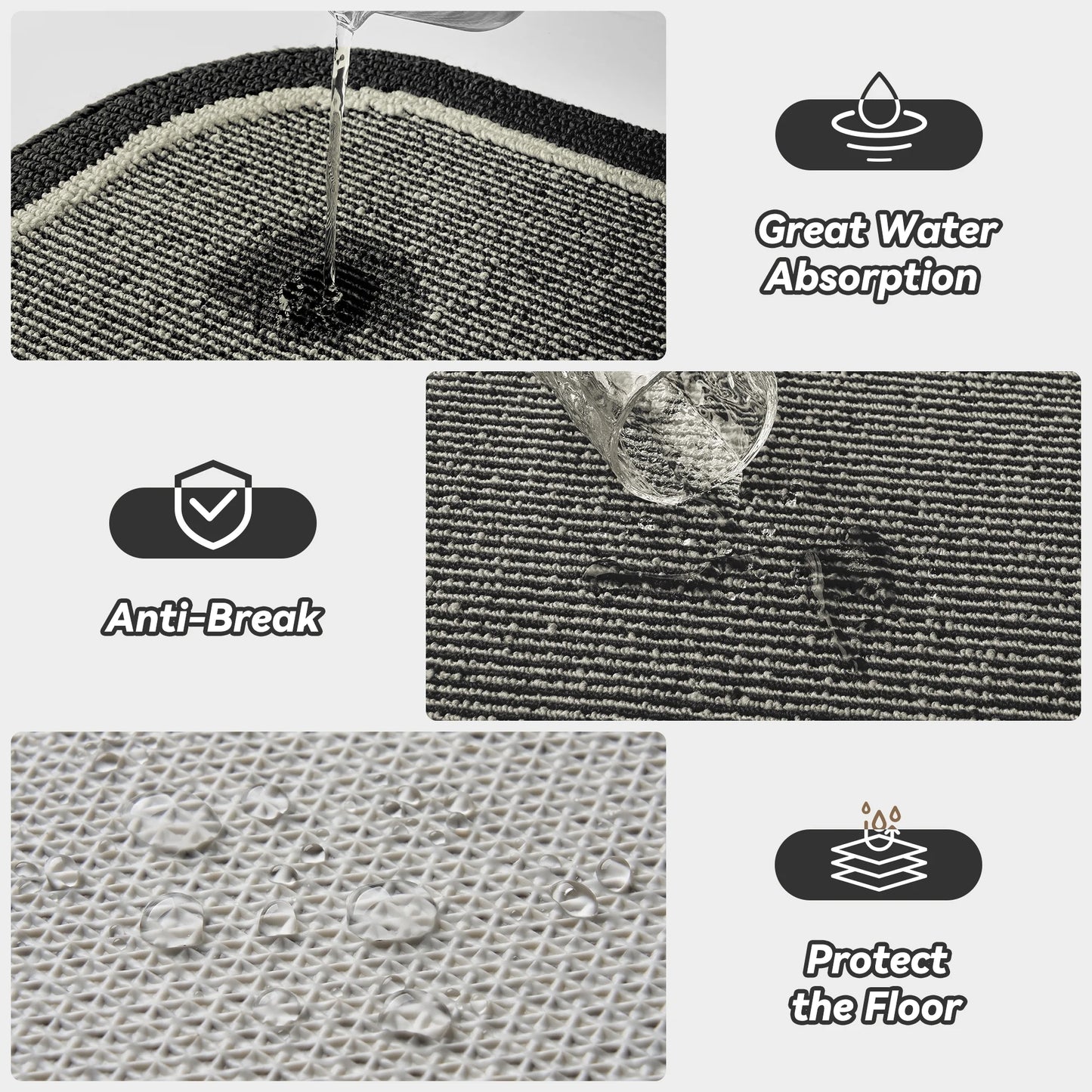 Non-Slip Kitchen Rug, Washable 20"X32" Twill Floor Mat, Half Circle Design for Sink, Laundry, Black