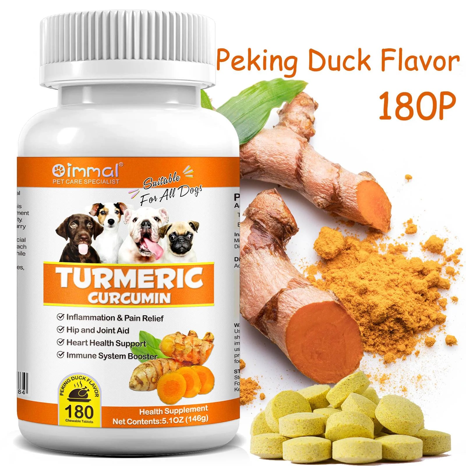 Turmeric Curcumin for Dogs - Dogs Hip and Joint Aid + Support - Heart & Immune Support - Health Supplement with Organic Turmeric, Vitamin B - 180 Chewable Tablets
