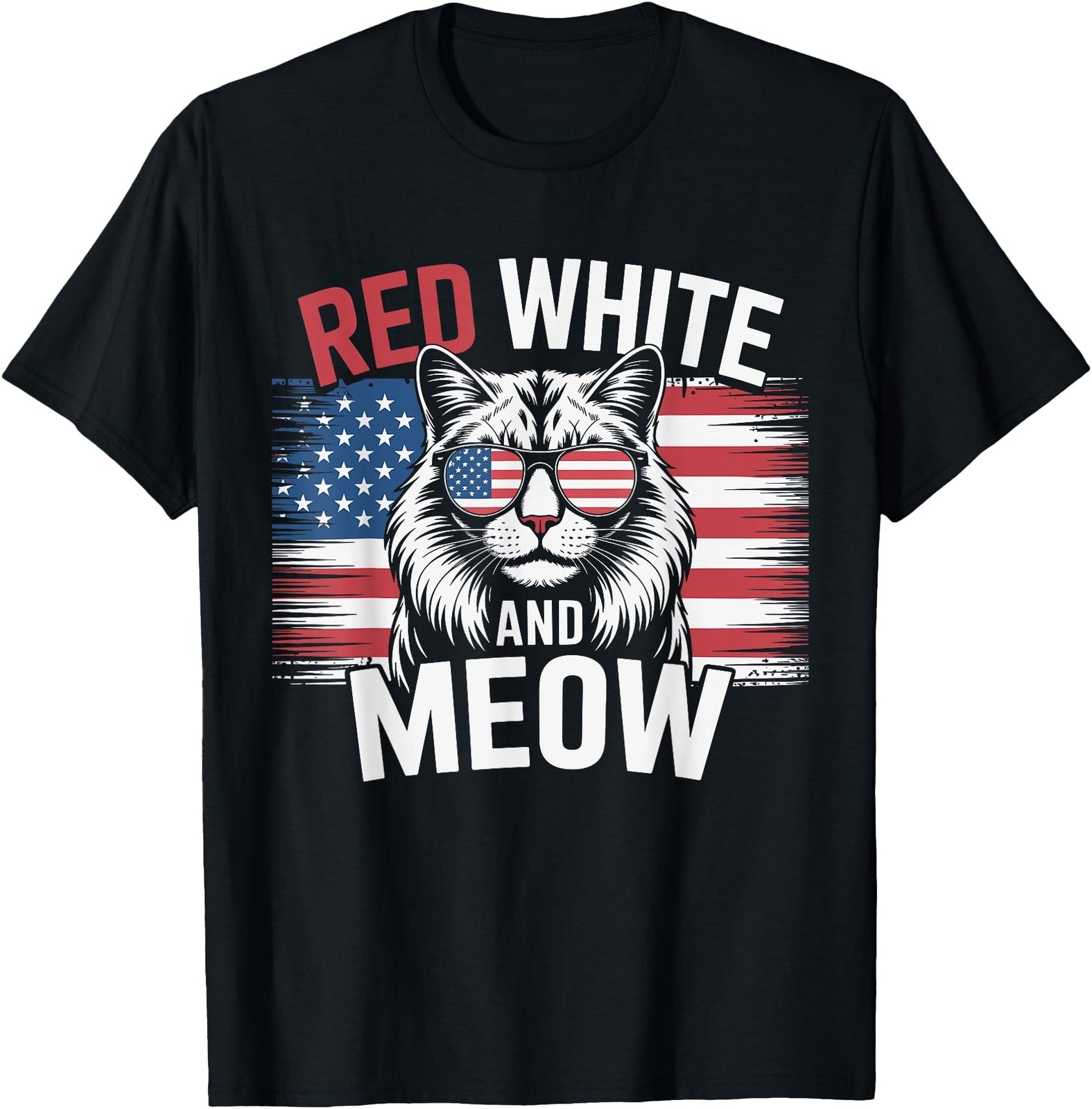 Red White and Meow Funny Cat Patriotic 4Th of July T-Shirt