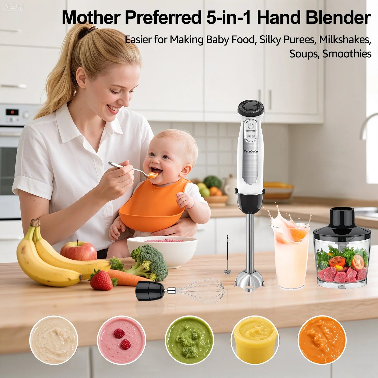 1100W Immersion Blender, 21-Speed Hand Blender with Turbo Mode, 5-In-1 Stick Blender for Smoothies, Baby Food, Soups, Purees, White
