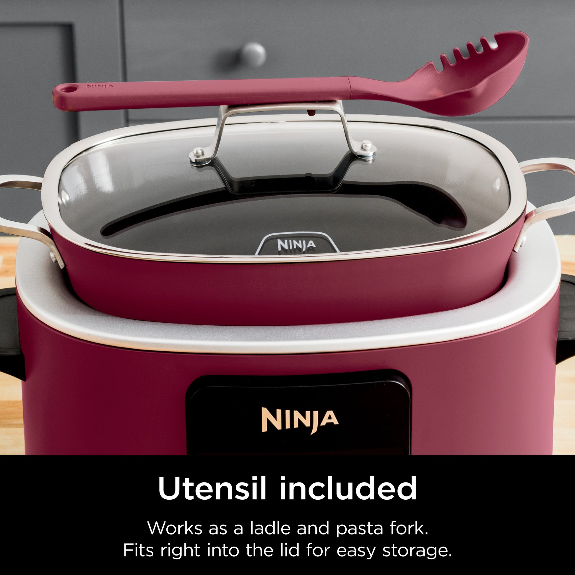 Foodi Possible Cooker, 8.5 Quart, 6-In-1 Multi-Cooker, Slow Cooker, Steamer, Glass Lid Integrated Cooking Utensil, Nonstick, Oven Safe Pot to 500°F, Cherry Tarte, MC1000WM