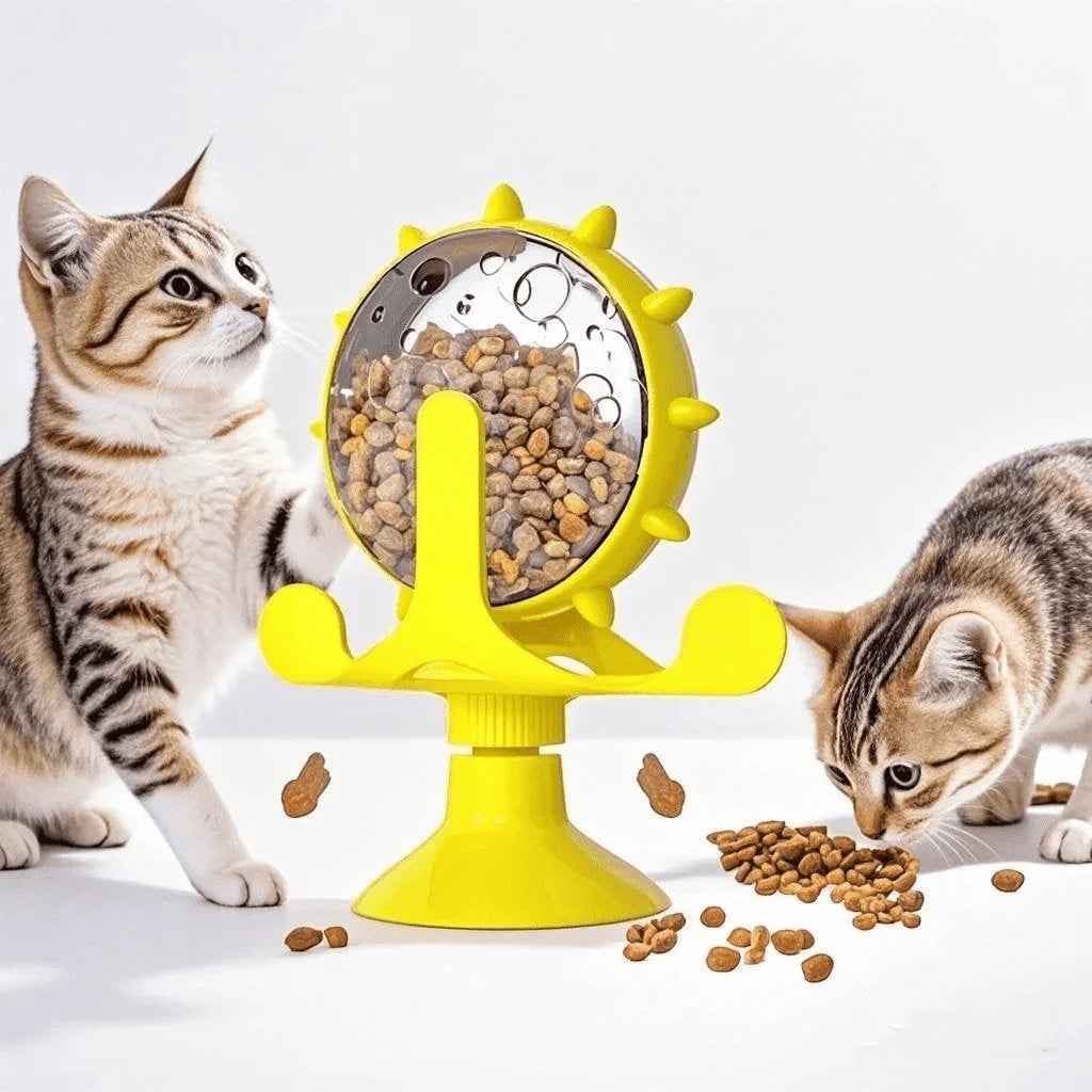 Interactive Cat Food Treats Dispenser Toy for Indoor Cats, 360° Rotating Windmill Suction Cup Toys for Small Pet, Puzzle Original Slow Dog Feeder Snack Distribution & Exercise Wheel Toy