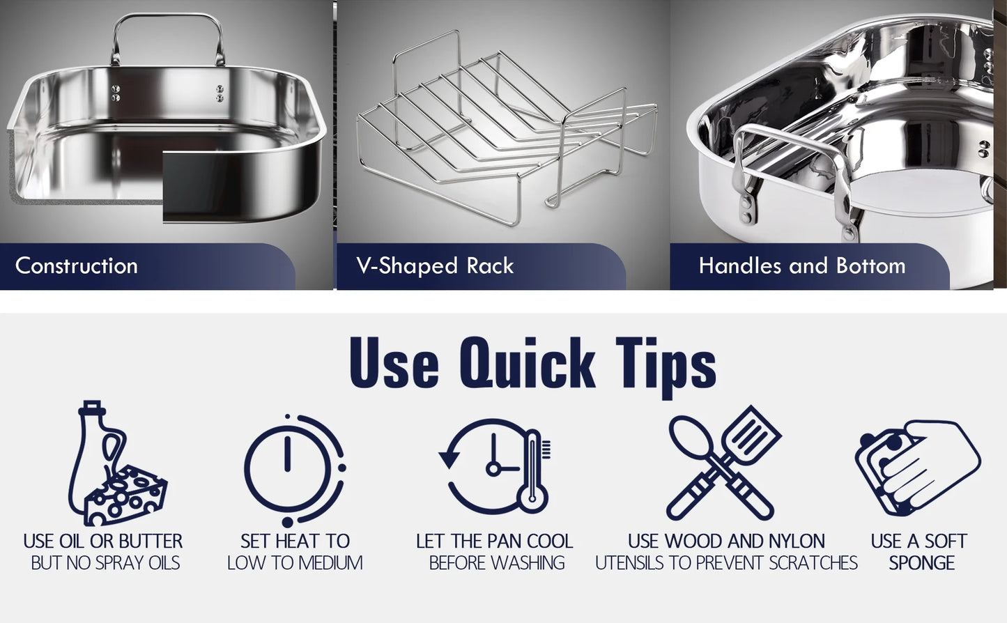 Stainless Steel Roaster Pan with V-Shaped Rack, 16-Inch by 13-Inch Turkey Roasting Pan Bakeware for Oven, Rectangular