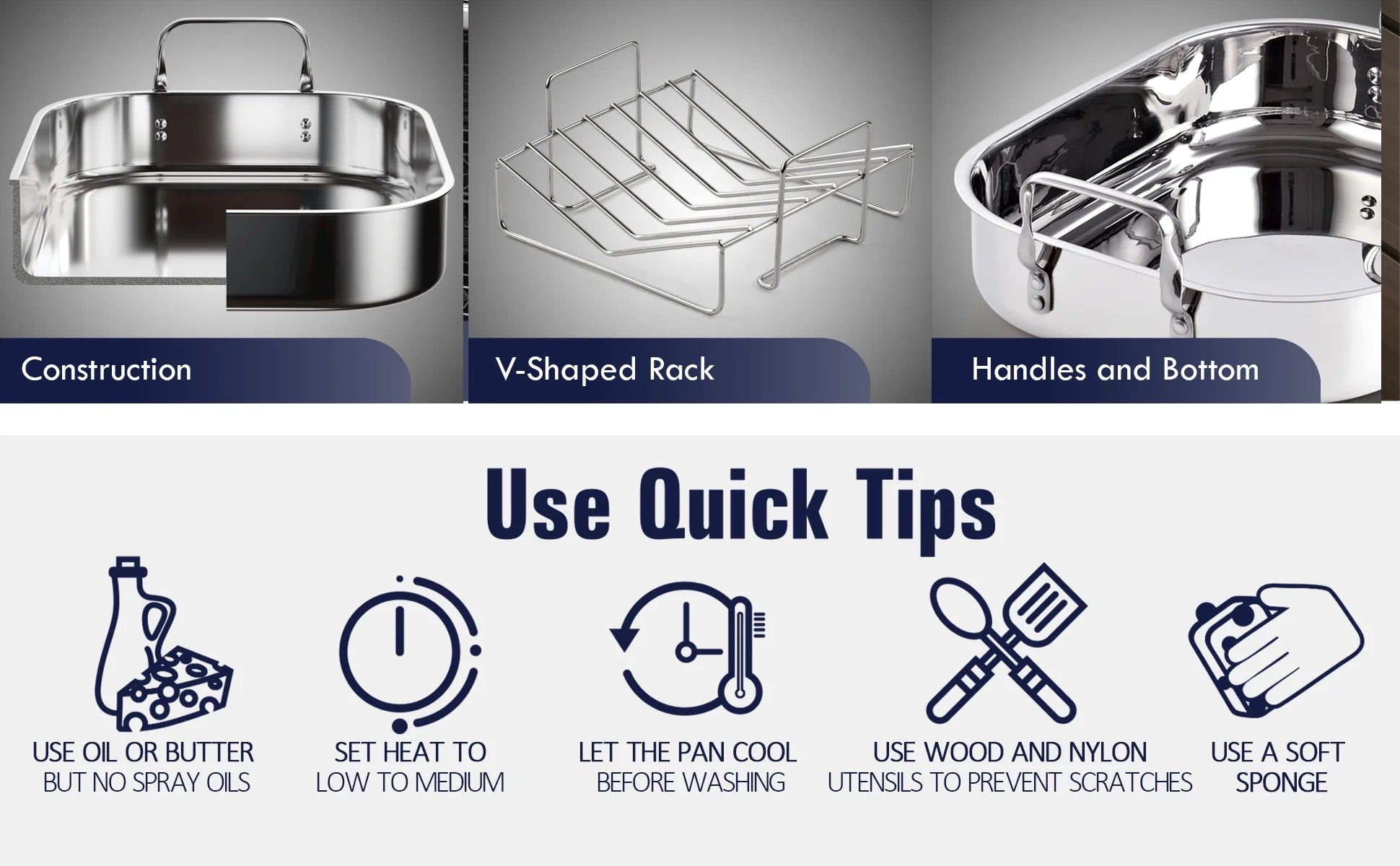 Stainless Steel Roaster Pan with V-Shaped Rack, 16-Inch by 13-Inch Turkey Roasting Pan Bakeware for Oven, Rectangular