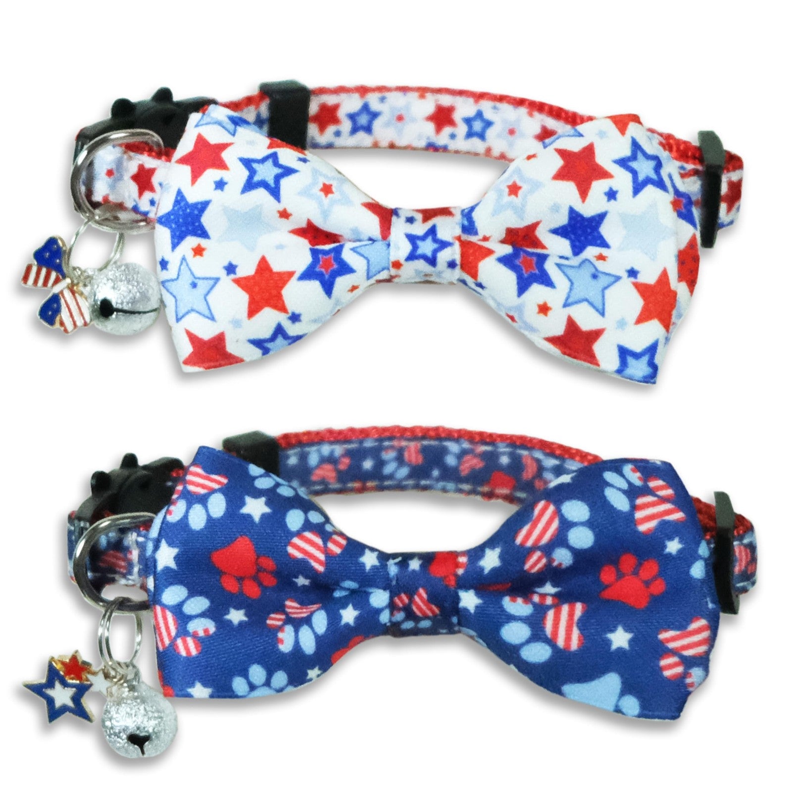 4Th of July Cat Bow Tie Collar with Bell, 2-Pack with American Stars and Pari...