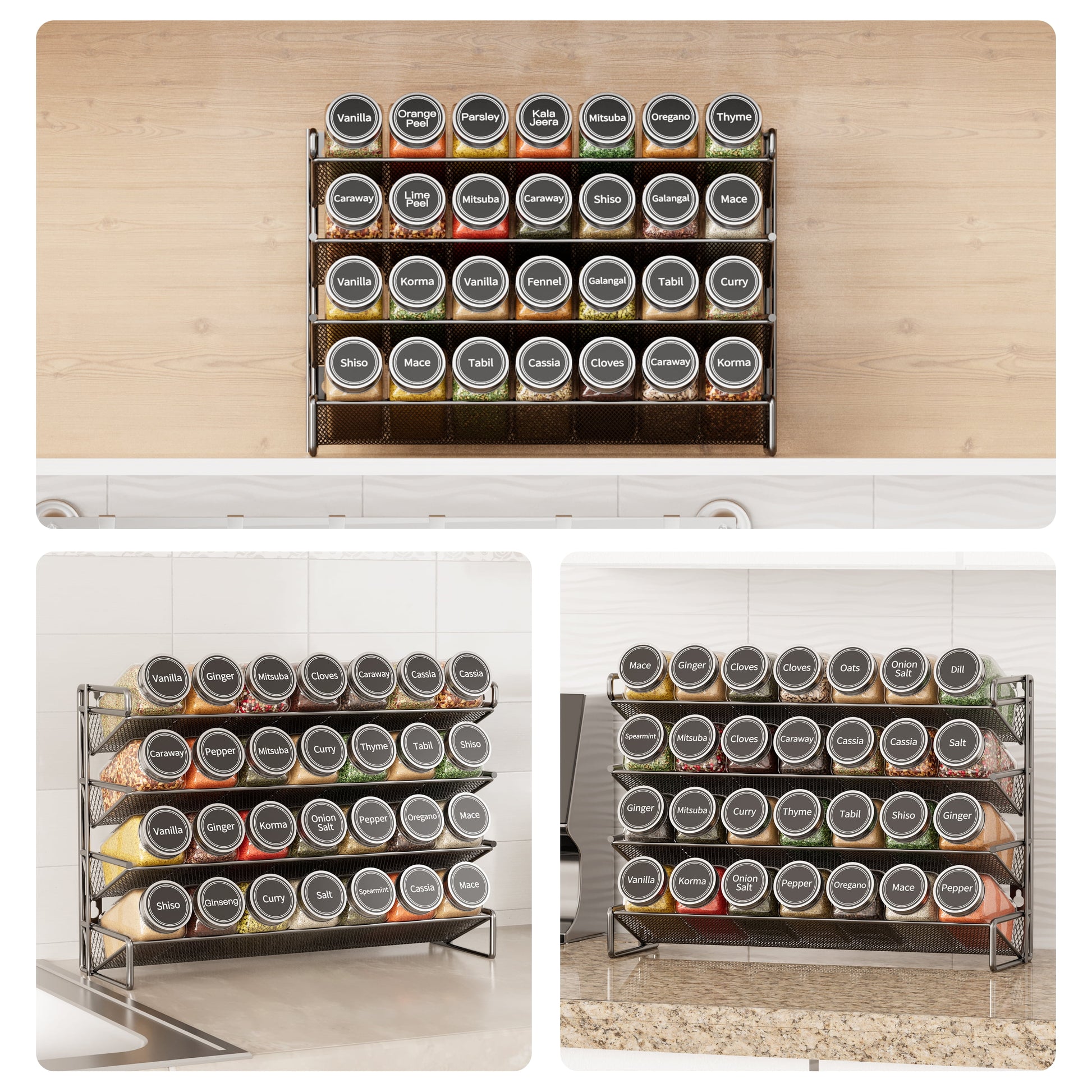 Spice Rack Organizer with 28 Jars, 4.33"D X 13.33"W X 10.5"H, Black
