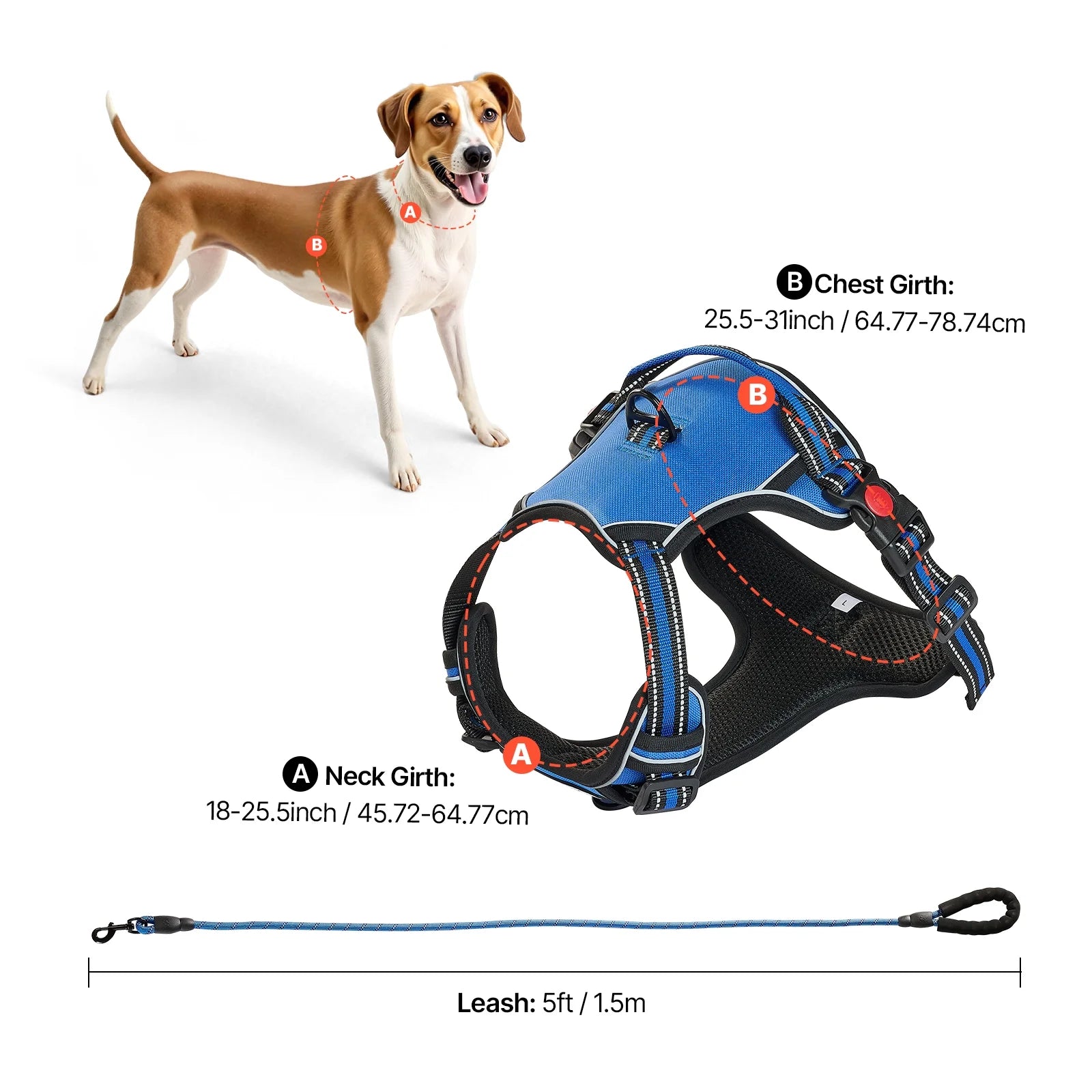 Adjustable Canine Harness for Large Breeds, Non-Dragging Vest with 5Ft Lead, Grip, Metallic Loops, Fasteners, Reflective Threads, Made from Durable 600D Oxford Material, Ideal for Training